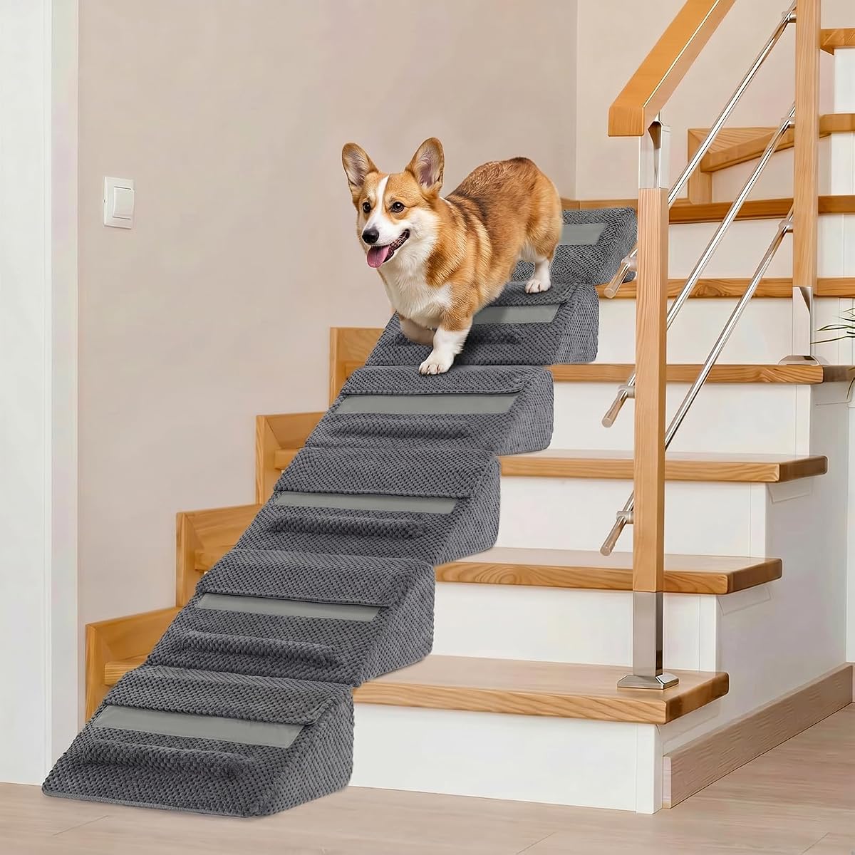 6 Pack Dog Ramp for Stairs for Small & Senior Dogs and Cats | Anti-Slip Bump, Washable Cover, Self-Sticky Pads, Safe Climbing
