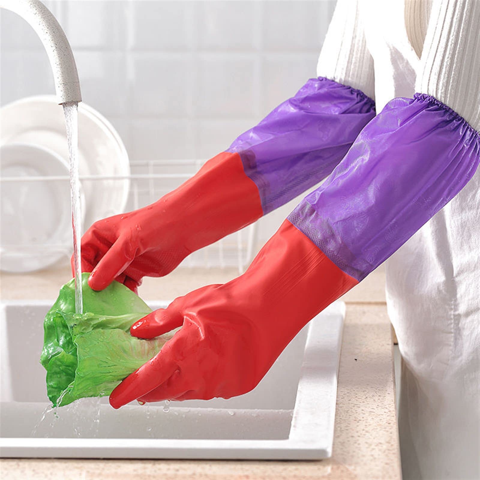 Guantes domésticos de lavado de caucho impermeable Dishwashing Gloves Rubber Plastic Household Cleaning Kitchen Durable Waterproof Latex(Rosso)