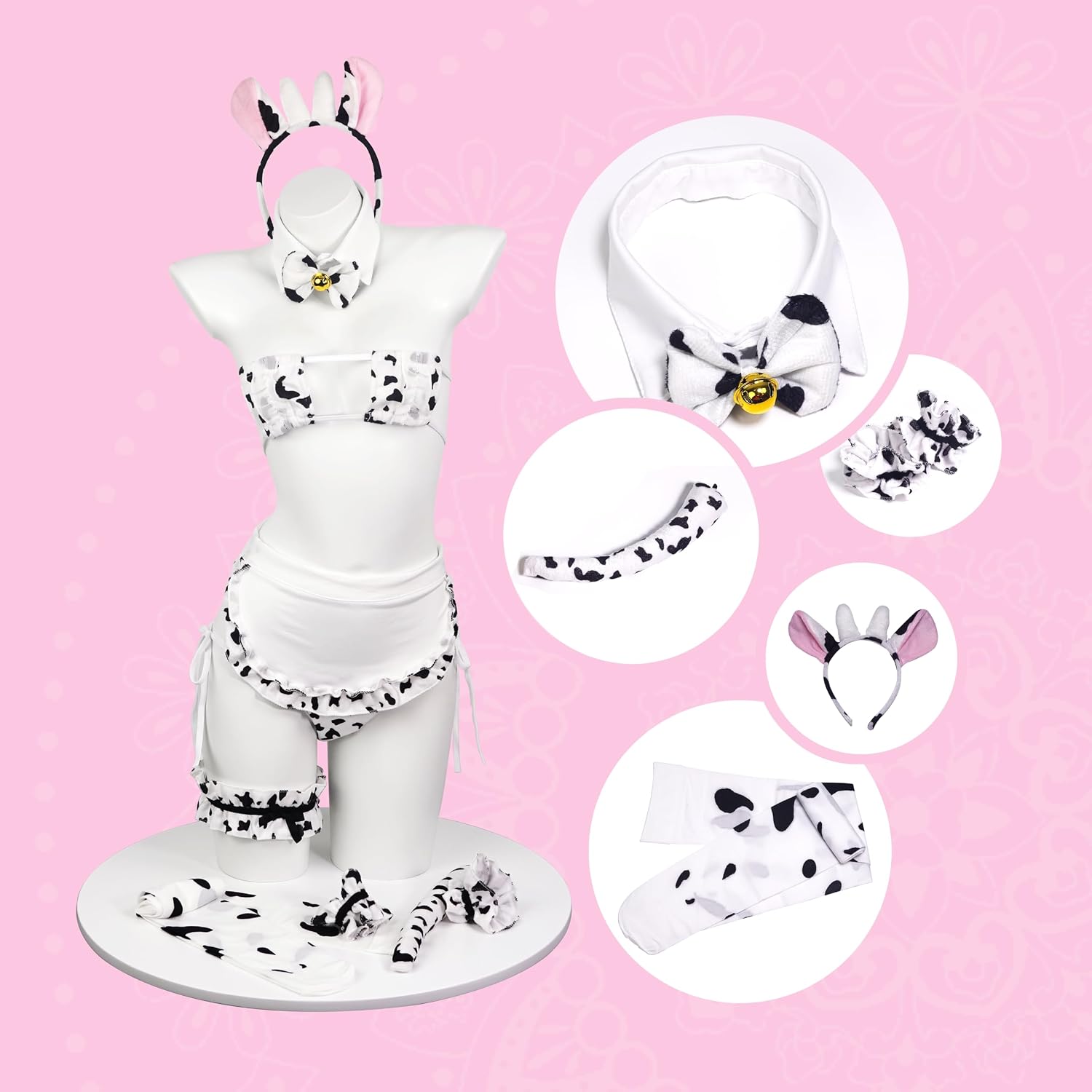 paloli Women's Anime Cow Print Bra and Panty Set with Stockings