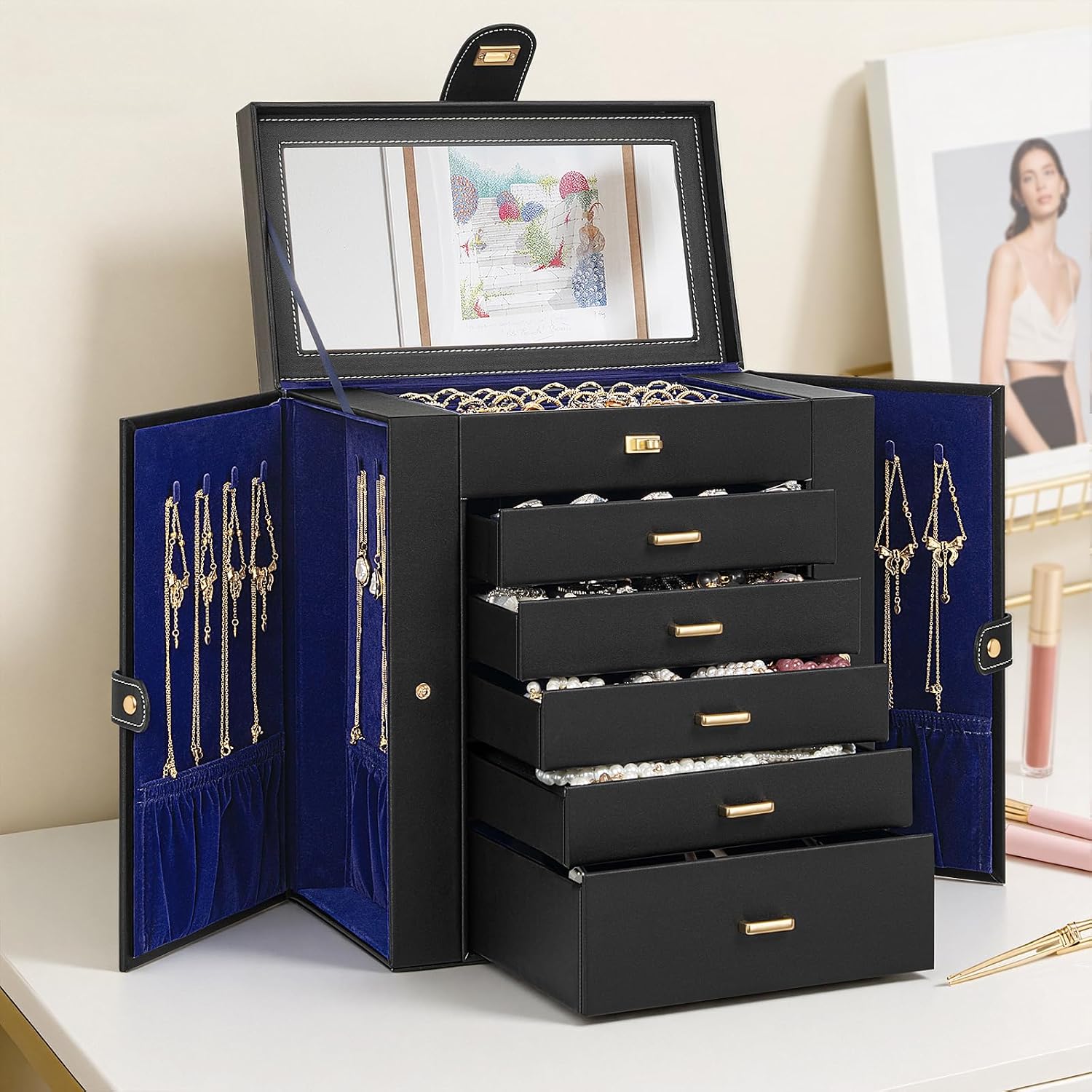 AKOZLIN 6-Tier Jewelry Box Organizer Functional 5 Drawers Leather Jewelry Storage Case for Women Girls Ring Necklace Earring Bracelet Holder Organizer with Mirror Extra Large BlackBlue thumbnail