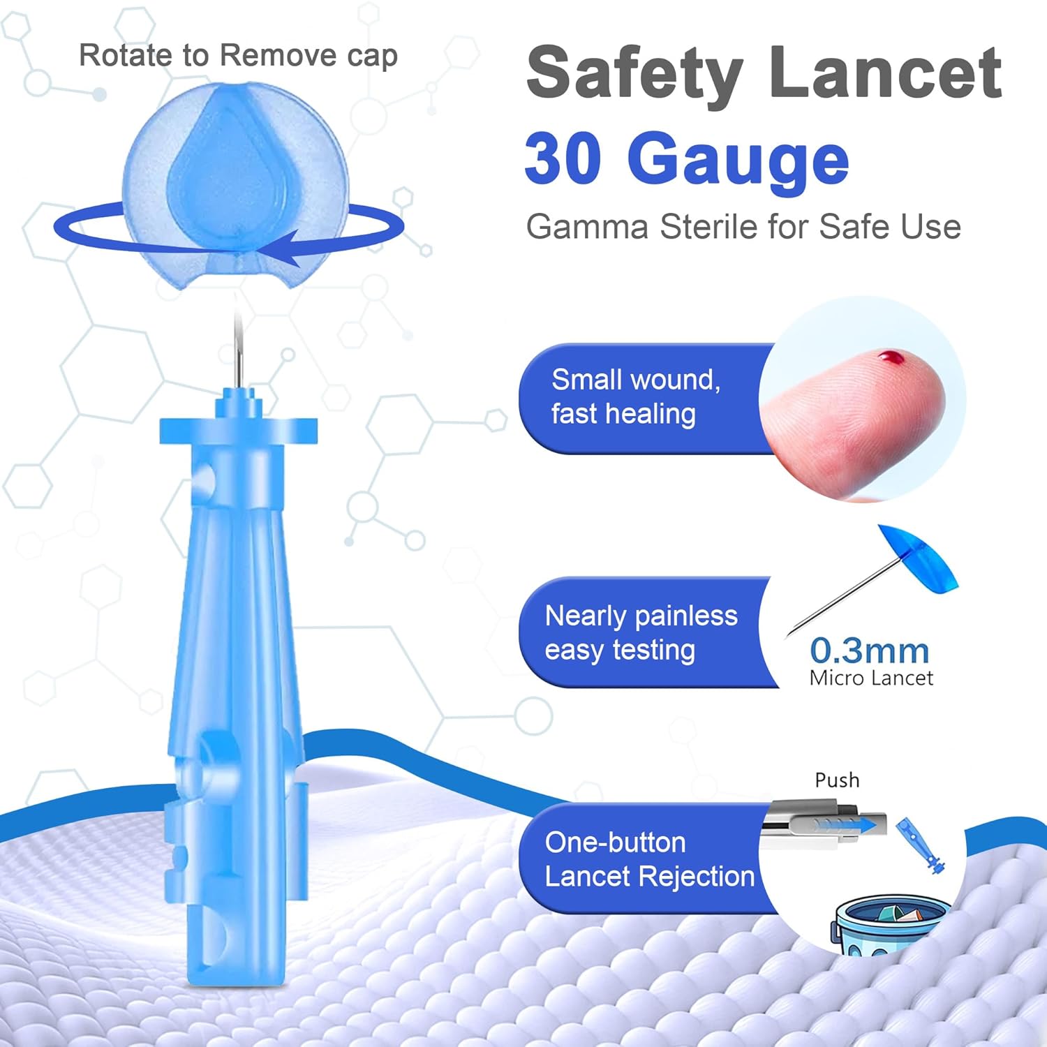 Diagram showing how to insert a lancet into the lancing device and adjust depth.