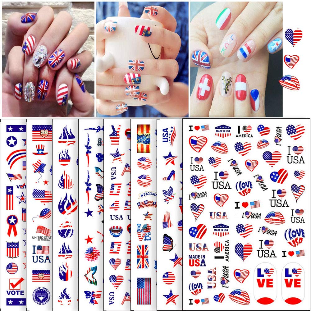 8 Sheets August 7, July 4, Nail Art Stickers Decals Patriotic Designer Independence Day Nail Stickers 3D Self-Adhesive Acrylic Nail Art Decoration I Love American Nail Stickers Female Girl Manicure