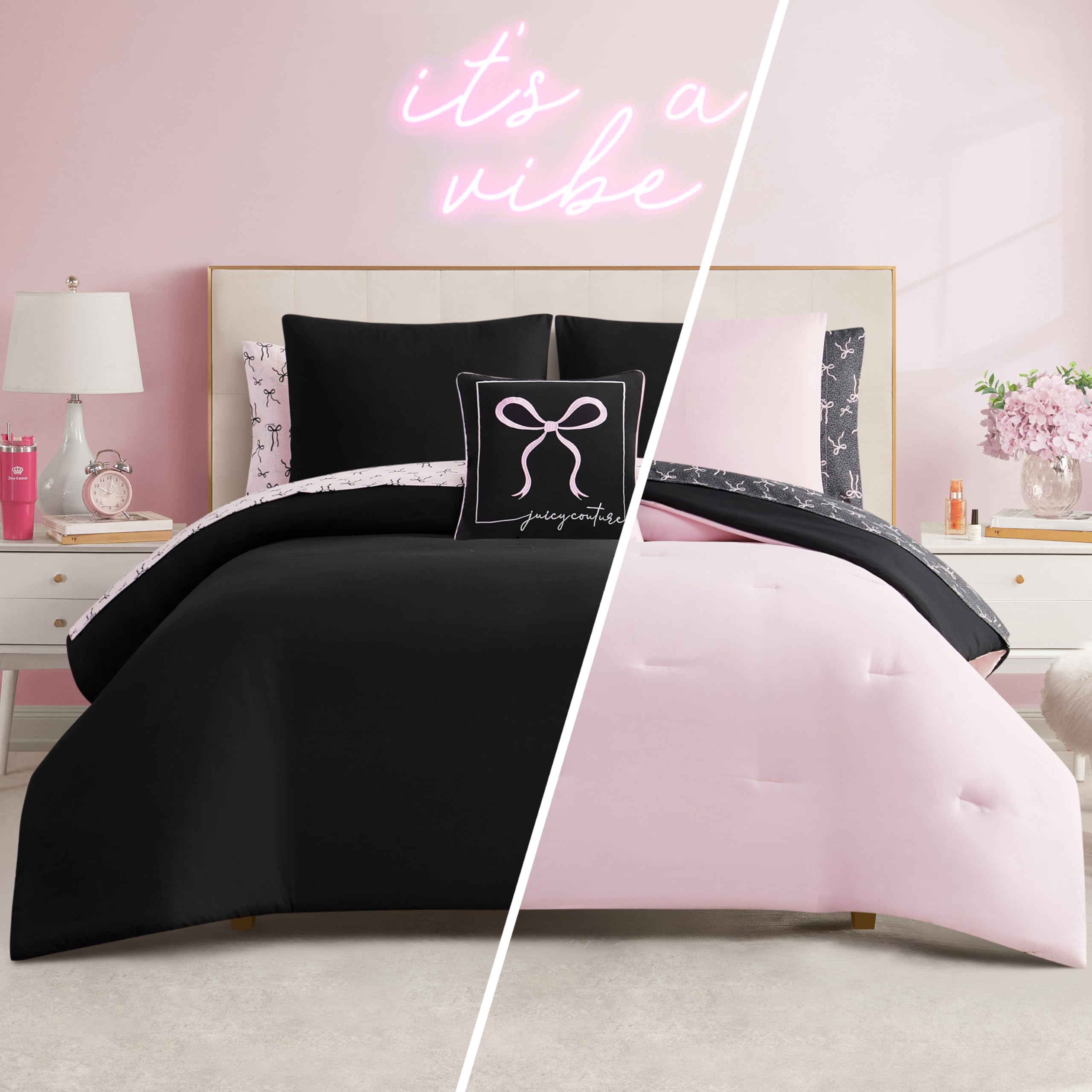 Juicy Couture Bows Solid Reversible Bed in a Bag Comforter Set, Black/Light Pink, Twin