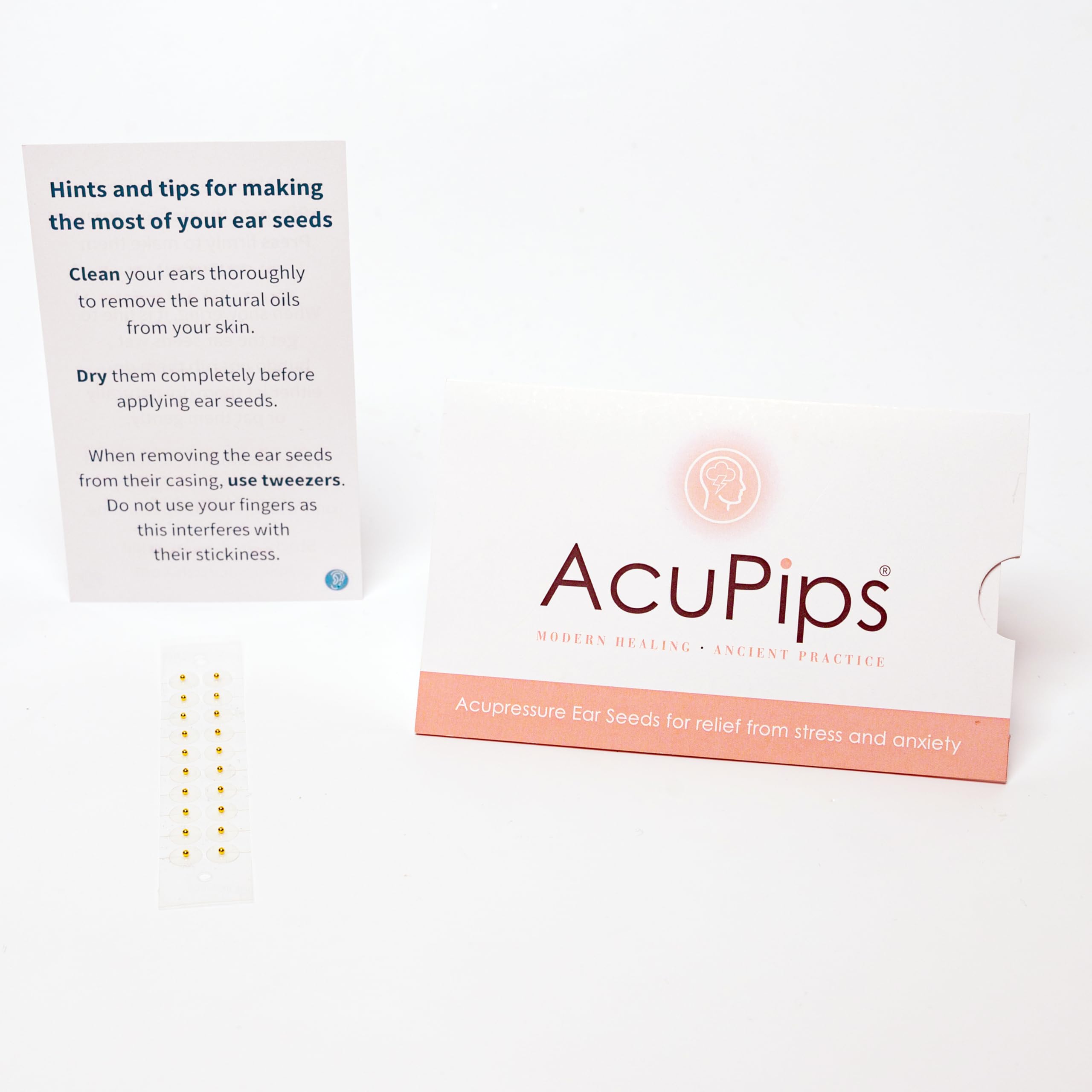 AcuPips Ear Seeds Stress & Anxiety Relief Kit | 20 Gold Plated Seeds | Includes Ear Map for Precise Placement | Promotes Relaxation & Wellbeing