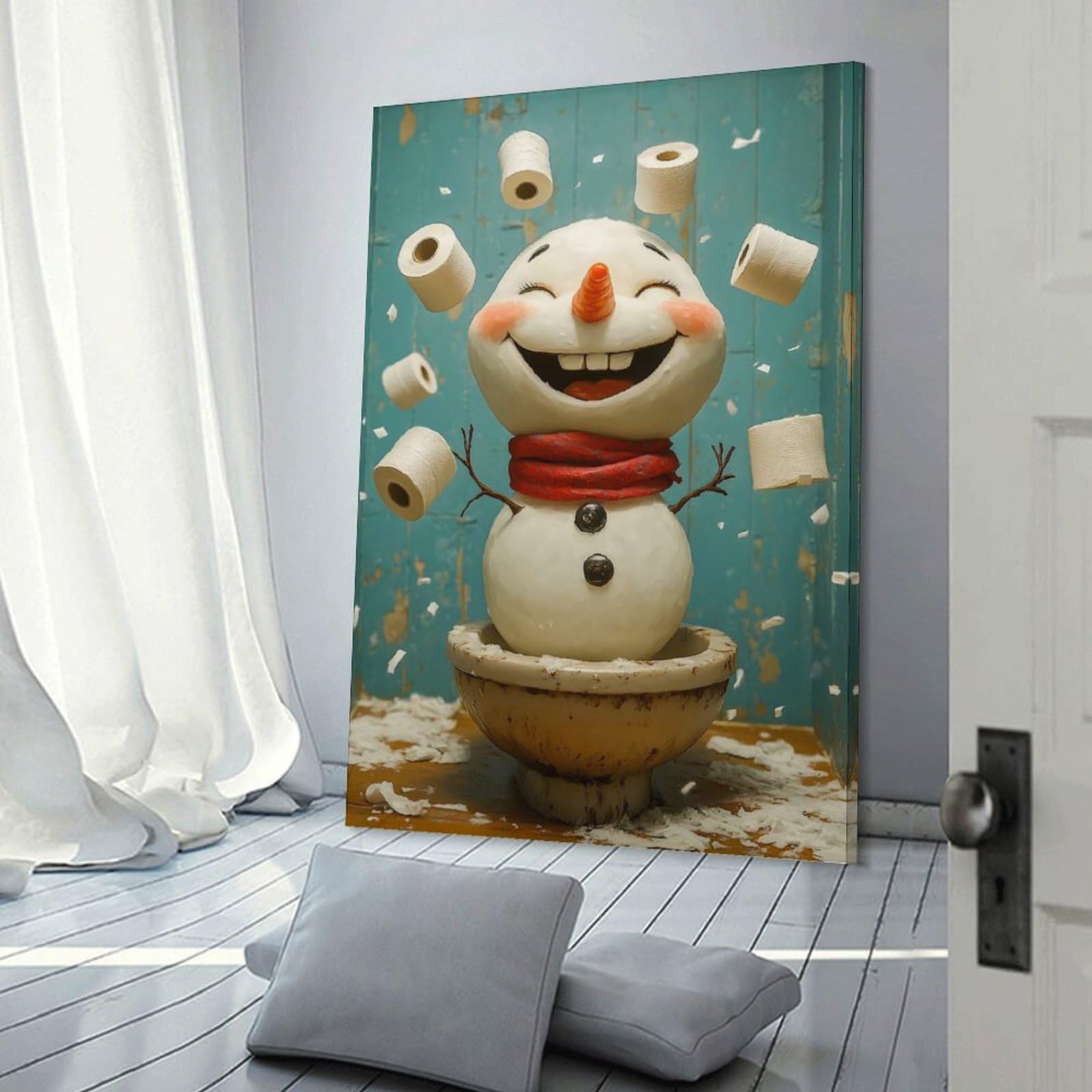 Junmoney Snowman Toilet Paper Fun Canvas Wall Decor, 20x30inch(50x75cm), for Office, Study Or Home Workspace, Wall Art That Adds Style to Work Areas