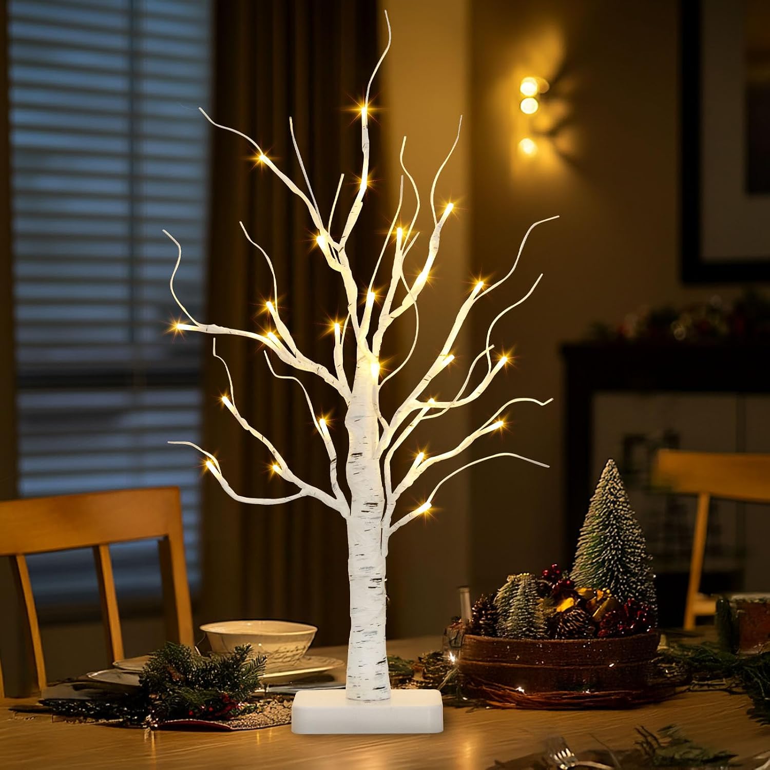 PABIPABI Lighted Birch Tree, 22'' Christmas Tree with 24 LED, Tabletop Centerpiece Artificial Tree Lights Battery Powered Timer for Home Office Bedroom Wedding