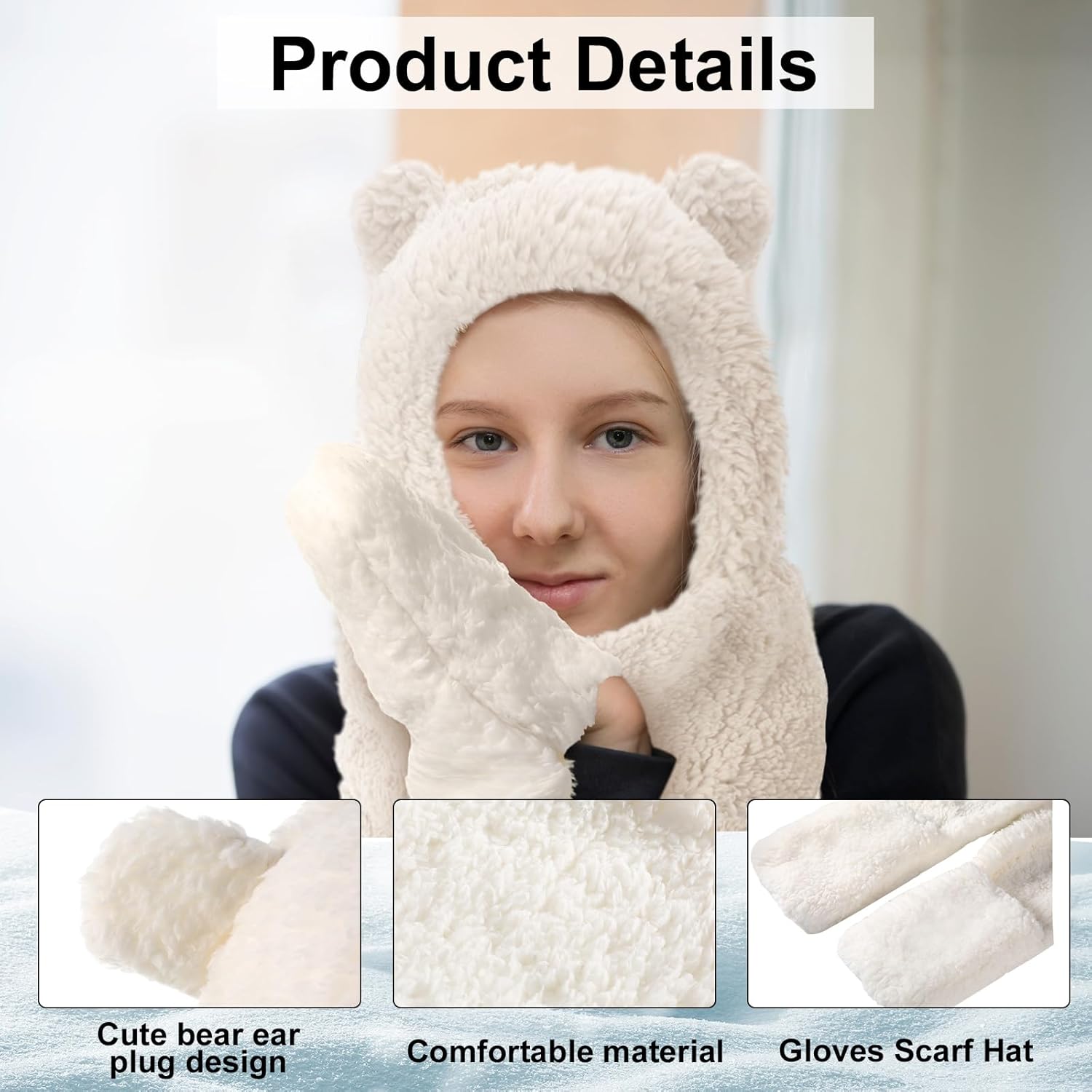Coume 3 Pack Winter Fleece Women Bear Ear Sherpa Hooded Scarf Hat Gloves Hooded Scarf Ear Protection Windproof Cap - Image 4