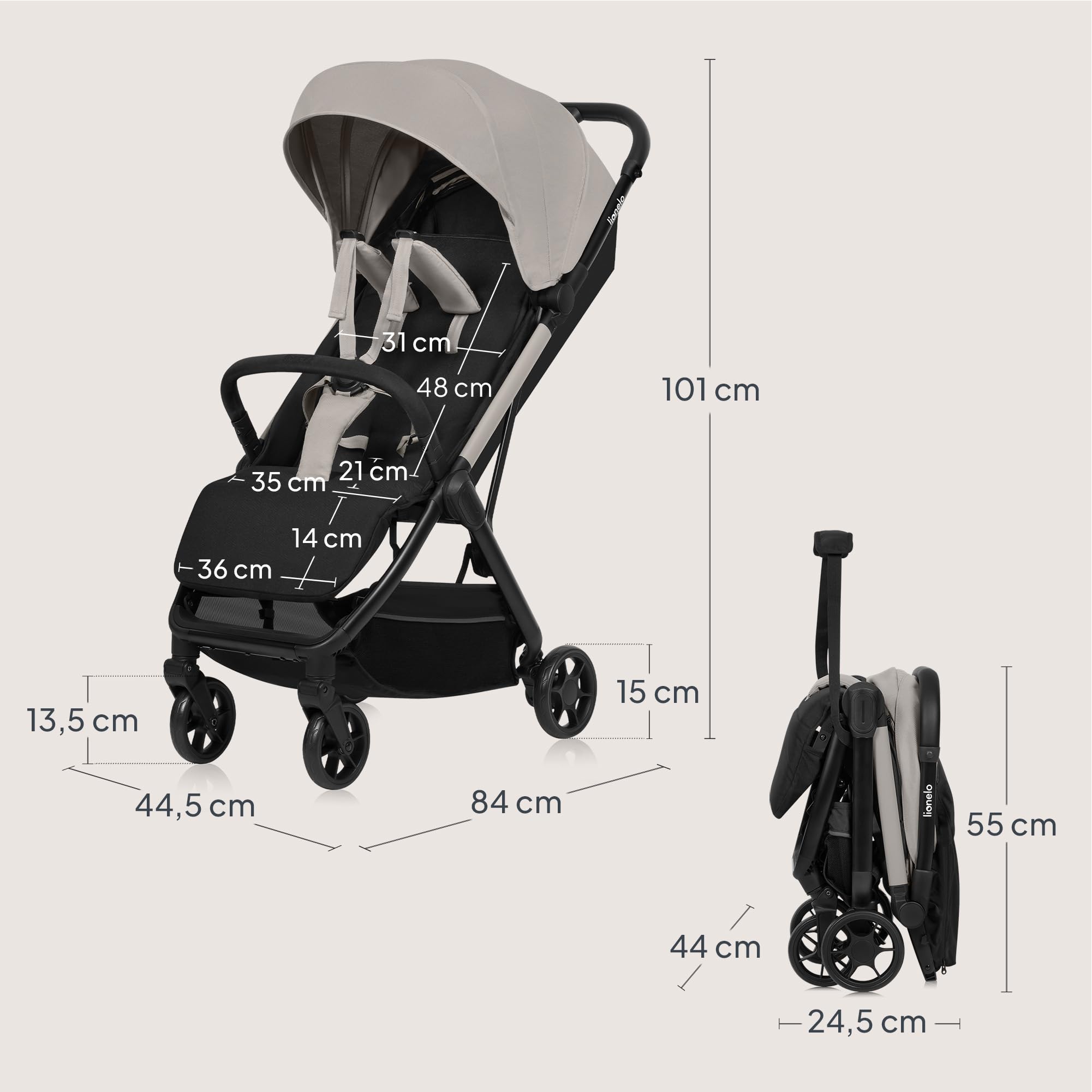 LIONELO Julie Air Spacerowy Wózek Dziecięcy do 22 kg od 6 m do 4 lat Do Samolotu Obrotowe Koła 360° Amortyzacja Składany Jedną Ręką Regulacja Oparcia Daszek UPF50+, Lekki | Koła obrotowe 360°, zawieszenie jednoręczne, mechanizm składania z regulacją oparc