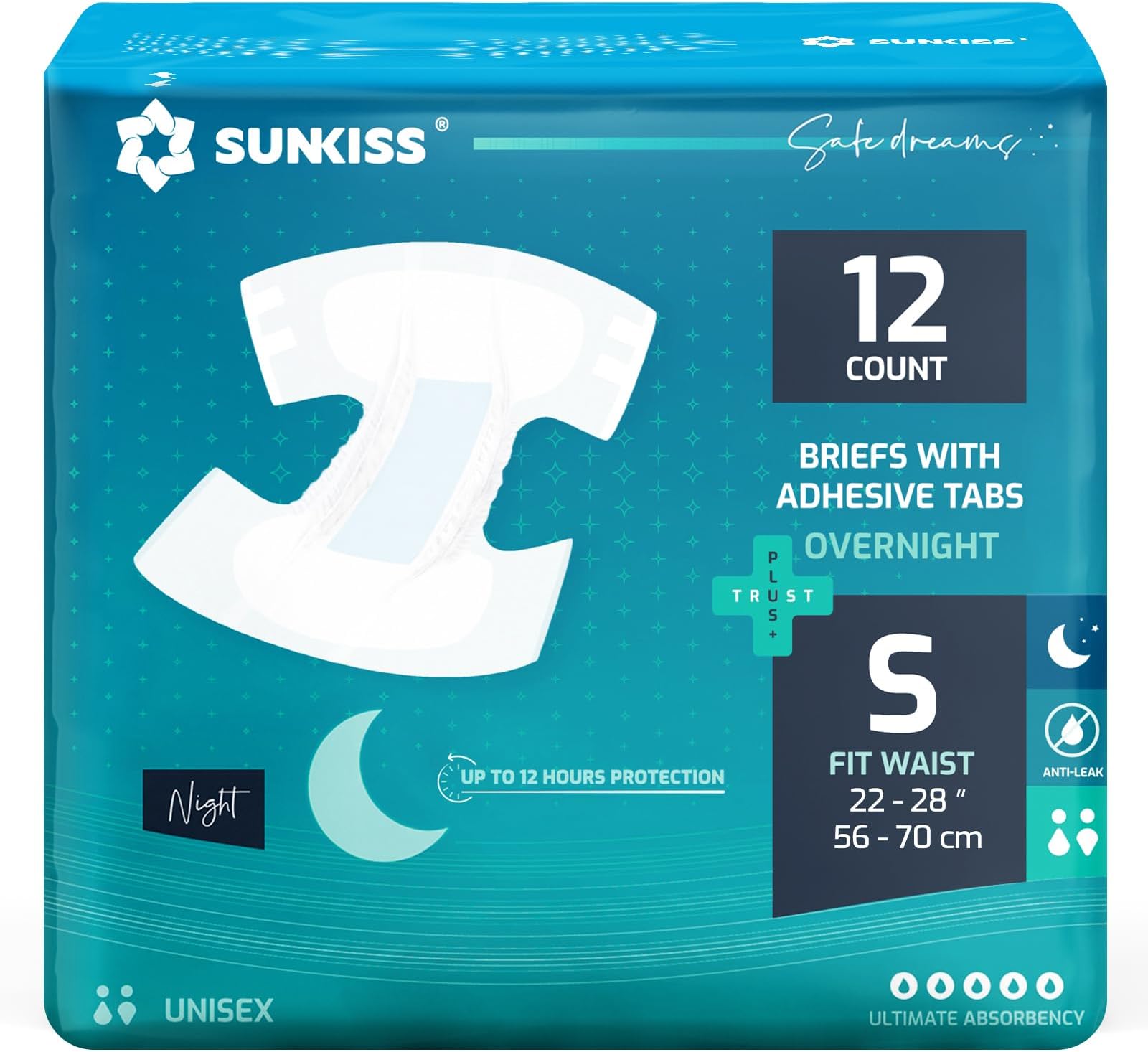 SUNKISS Adult Nappies with Ultimate Absorbency, Overnight Adult Diapers for Men and Women, Long-Lasting Dryness, Odor Control, Small, 12 Count
