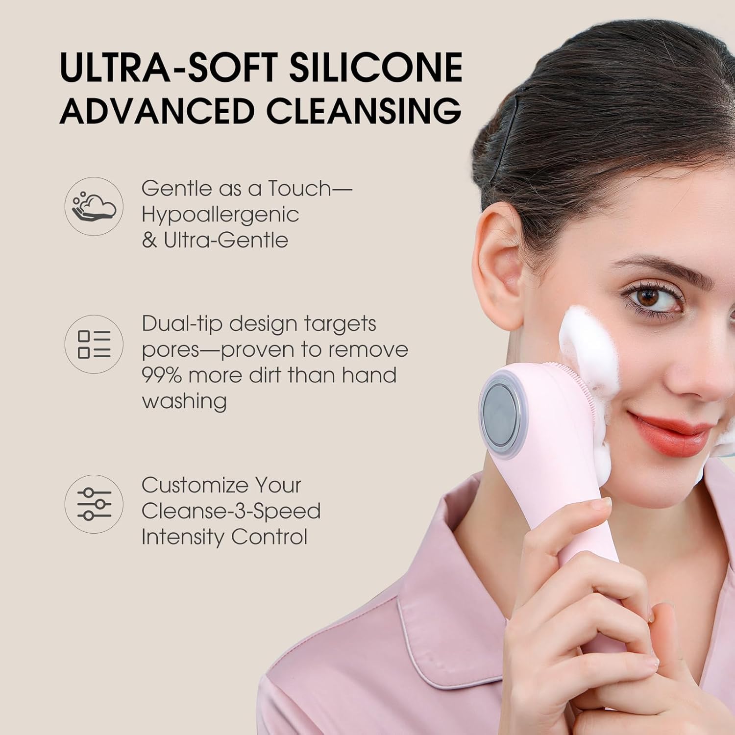 Facial Cleansing Brush,Silicone Face Scrubber,Pore Scrubber for Women Men,IPX7 Waterproof Exfoliating Face Brush,Rechargeable Electric Face Scrub,Pink - Image 2