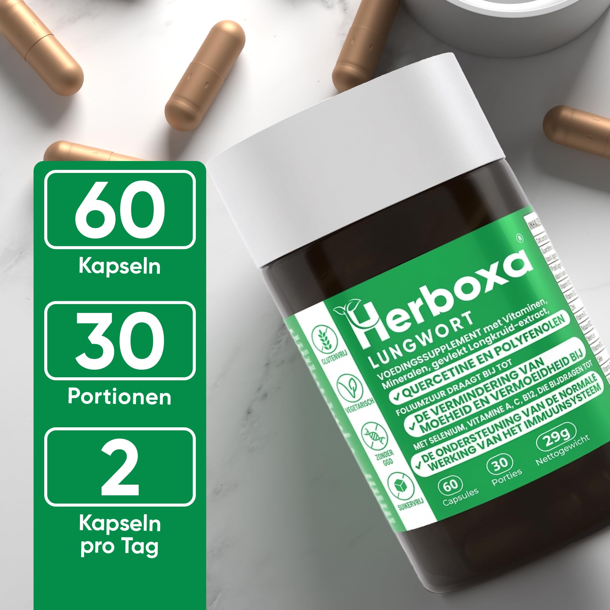 Herboxa Lungenkraut Mehrere Packungen (4 Stück) - mit geflecktes Lungenkraut - Enthält Folsäure, die Müdigkeit und Erschöpfung reduziert, Vitamin C, Quercetin, ProG-Phen - 60 Kapseln