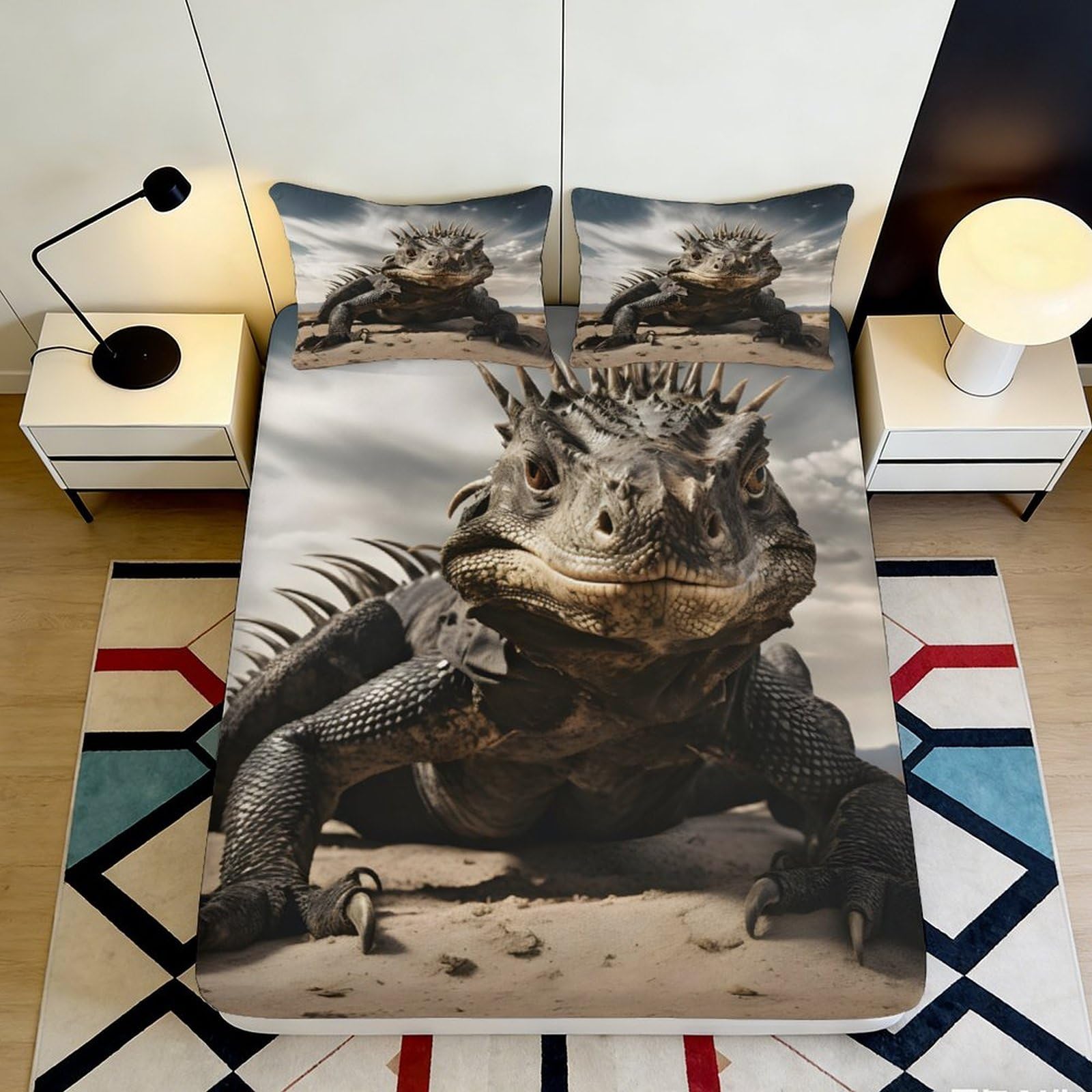 3D Printed Lizard Reptile Fitted Sheet Microfiber Soft Non-slip Mattress Cover for Bedroom Dorm Room Decor 90x200x25cm