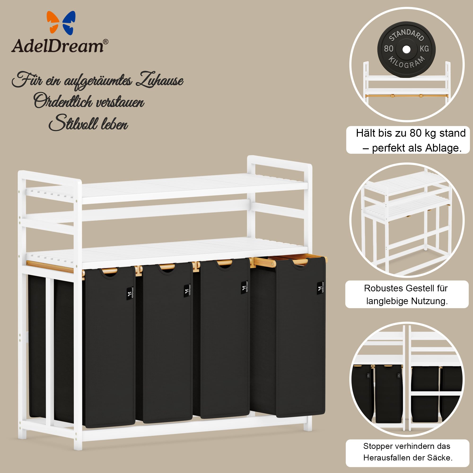 AdelDream - Cesto para la colada (200 L, 4 compartimentos, 2 estantes, bambú) | Clasificador de ropa sucia de 4 x 50 L, extensible, extraíble, doble estante, color blanco y negro