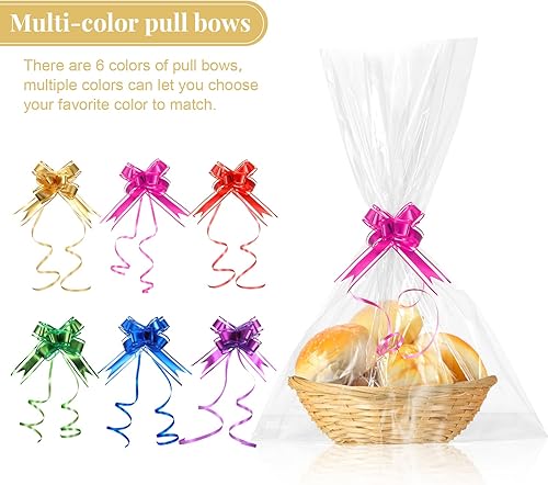 Miniatura 5 de Yulejo 8 cestas vacías para regalos, cesta de pan tejida ovalada de 9 x 7 x 3 pulgadas, 12 lazos coloridos, 12 bolsas de regalo para alimentos,