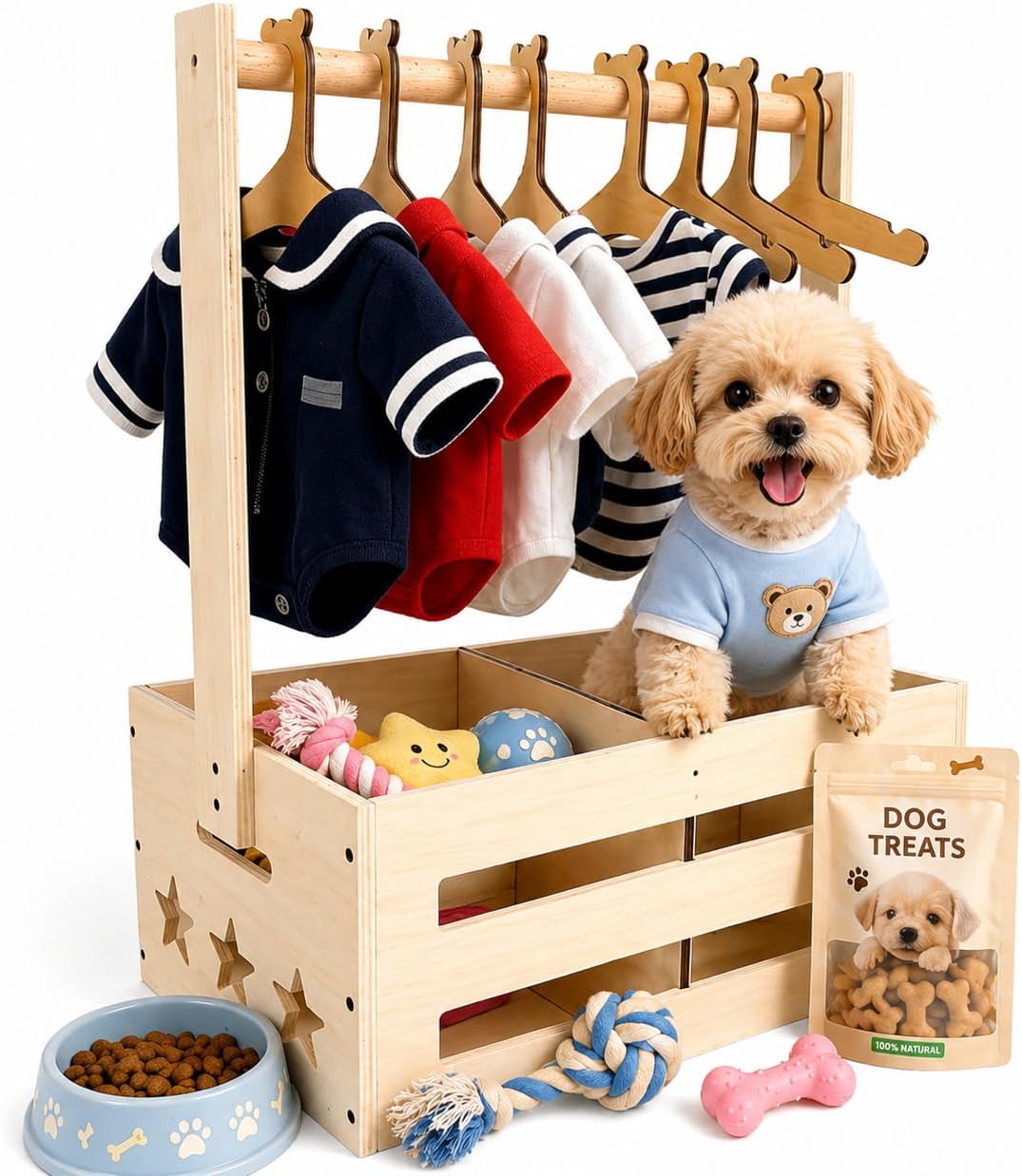 Wooden Small Dog Closet with 8 Hangers, Portable Pet Toy Storage Bin