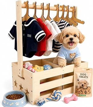 Wooden Small Dog Closet with 8 Hangers, Portable Pet Toy Storage Bin