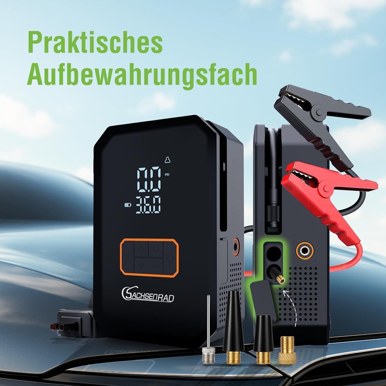 Avviatore Batteria Auto con Compressore, Avviatore Emergenza per Auto/Moto 12V (Tutti Gas 12L Diesel) Booster Avviamento LED/Ricarica USB-C