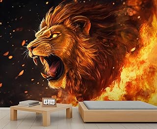Lion Wall Mural, Flame Lion 3D Wall Murals, Animal Wallpaper Mural, for ...
