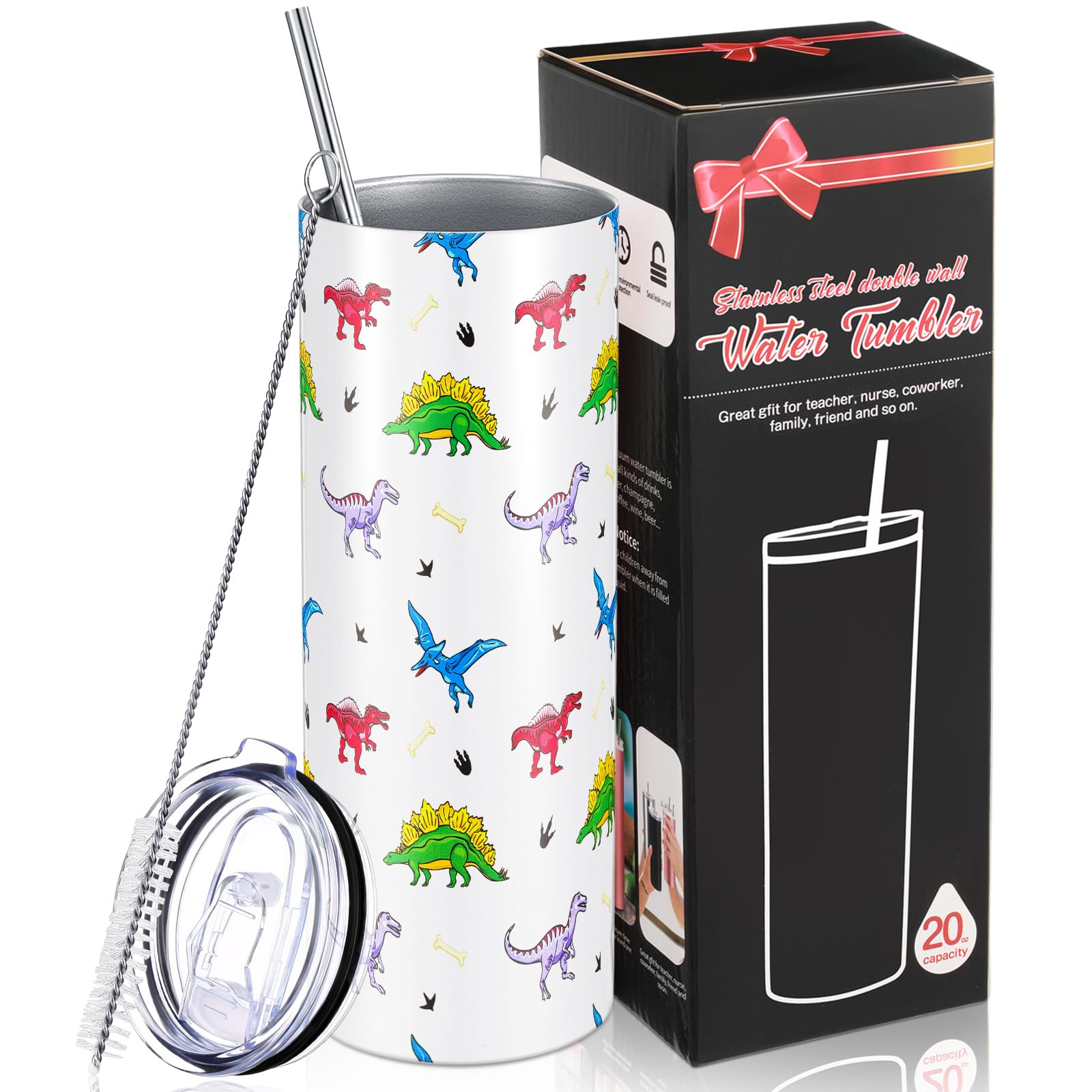 Mimorou Dinosaur Gifts 20 oz Dinosaur Tumbler Stainless Steel Coffee Mug with Lid and Straw Funny Travel Mug Cup Gifts for Adults Women Men Christmas