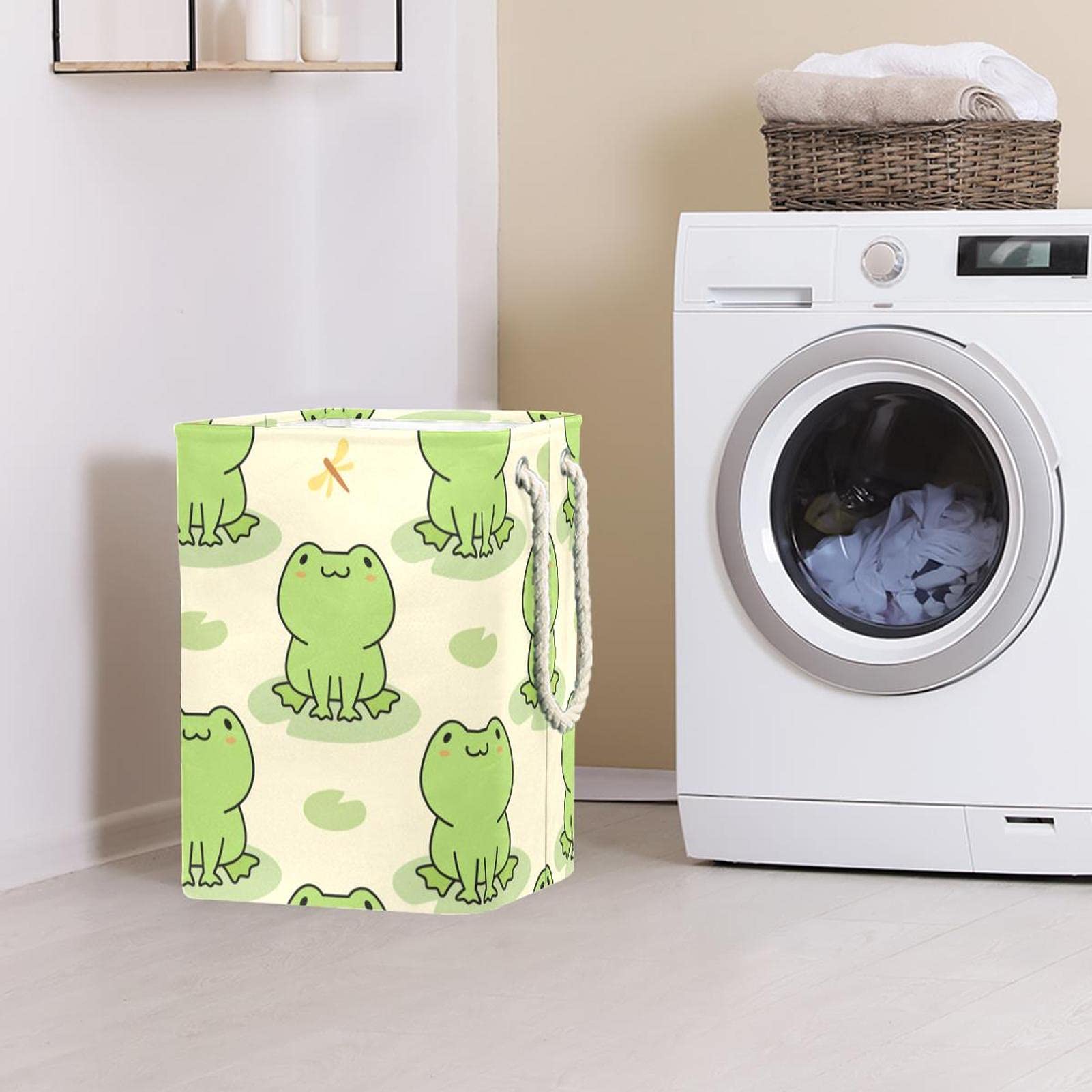 Laundry Basket Foldable Laundry Hamper With Handles Detachable Storage Bin, Bathroom Organizer, Children Toy Bins Cute Green Frog, Multi-Colored, 19.3x11.8x15.9 in49x30x40.5 cm