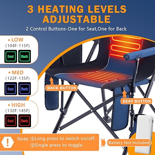 Miniatura 6 de Homcosan Silla de camping con calefacción para exteriores, sillas plegables con 3 niveles de calor para respaldo y asiento, sillas de césped