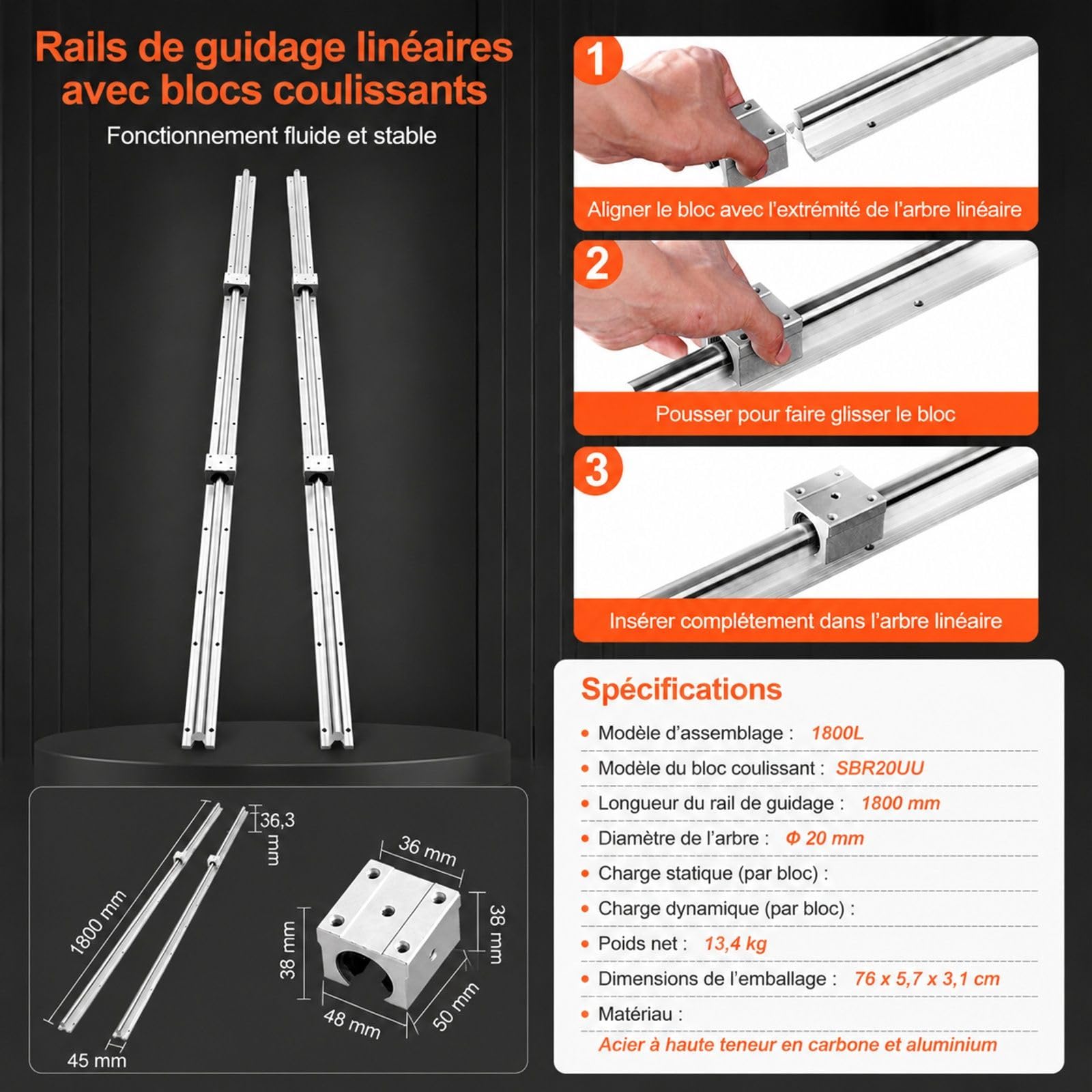 Rail de guidage linéaire, 2 rails et 4 blocs de roulement pour machine CNC, tour et imprimante 3D