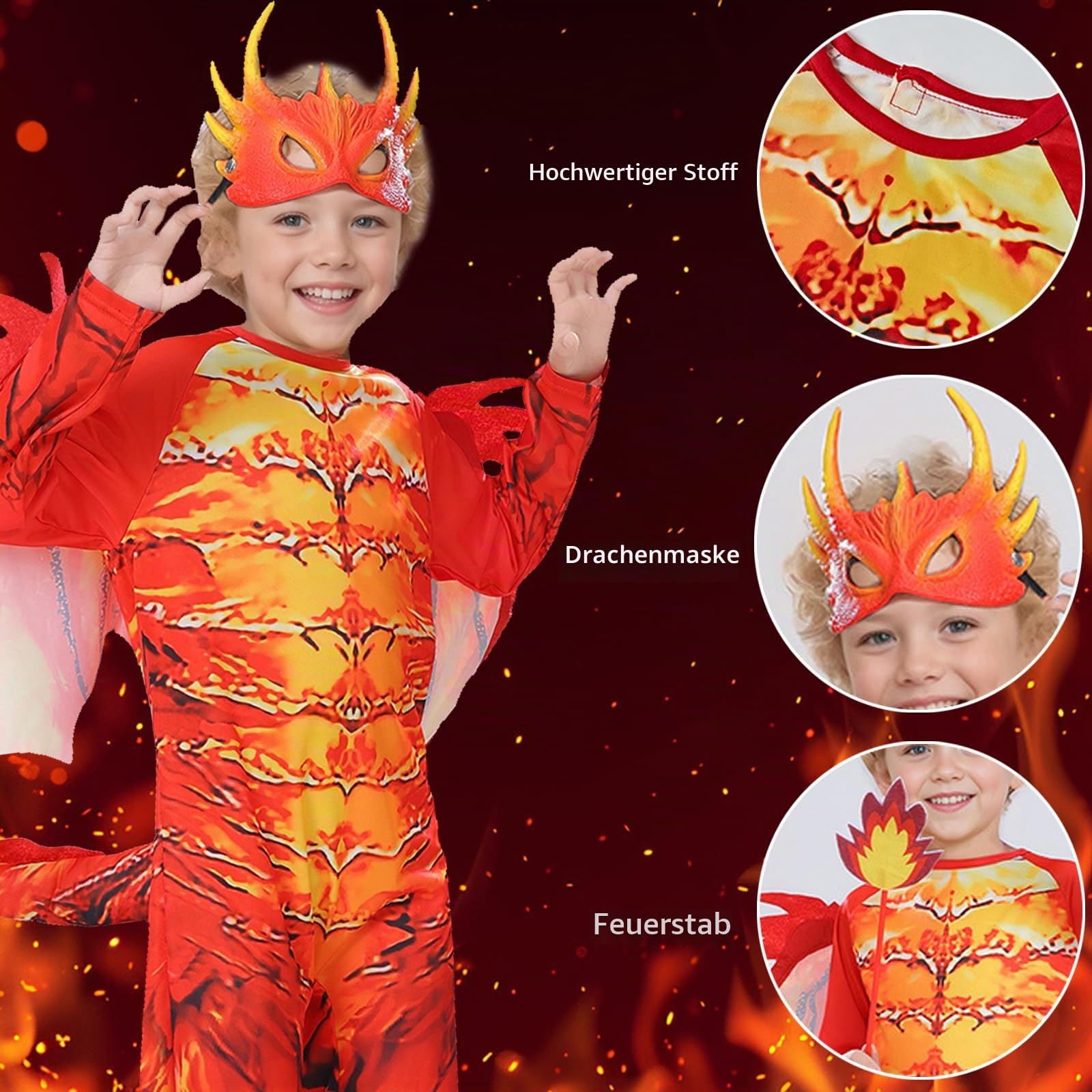 Kind Jungen Drachenkostüm, 110/120/130 Kostüm Drache Kinder, Drachenflügel, Maske, Drachen Jumpsuits, Weihnachten Party Halloween Carnival Cosplay Kostüm für 4 5 6 7 8 Jahre Kinder