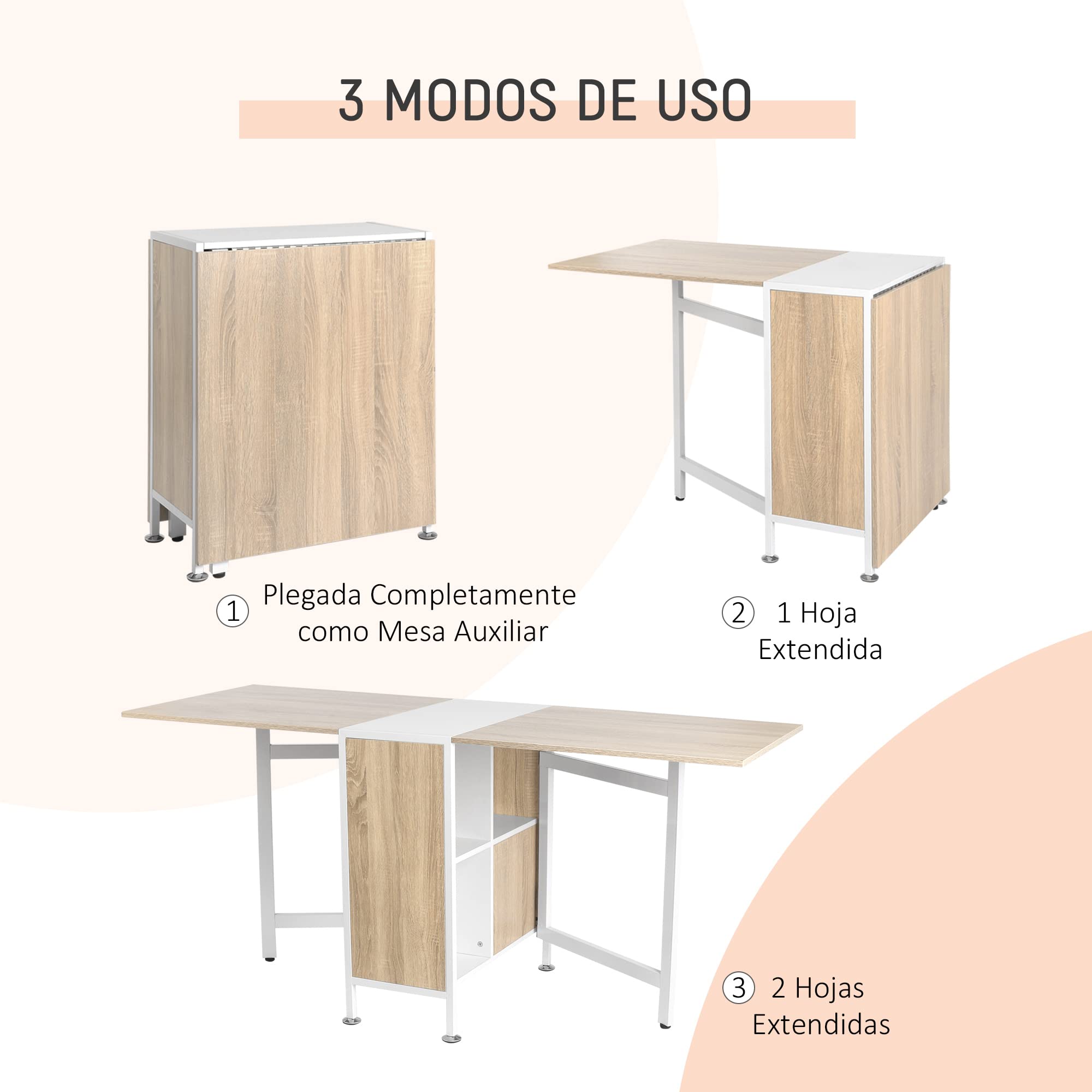 HOMCOM Mesa Plegable de Comedor con Alas Abatibles Roble/Blanco | Mesa de Cocina Plegable, 4 Compartimentos, 3 Formas, Hasta 4 Personas, para Salón, Espacio Pequeño, 169x60x75cm