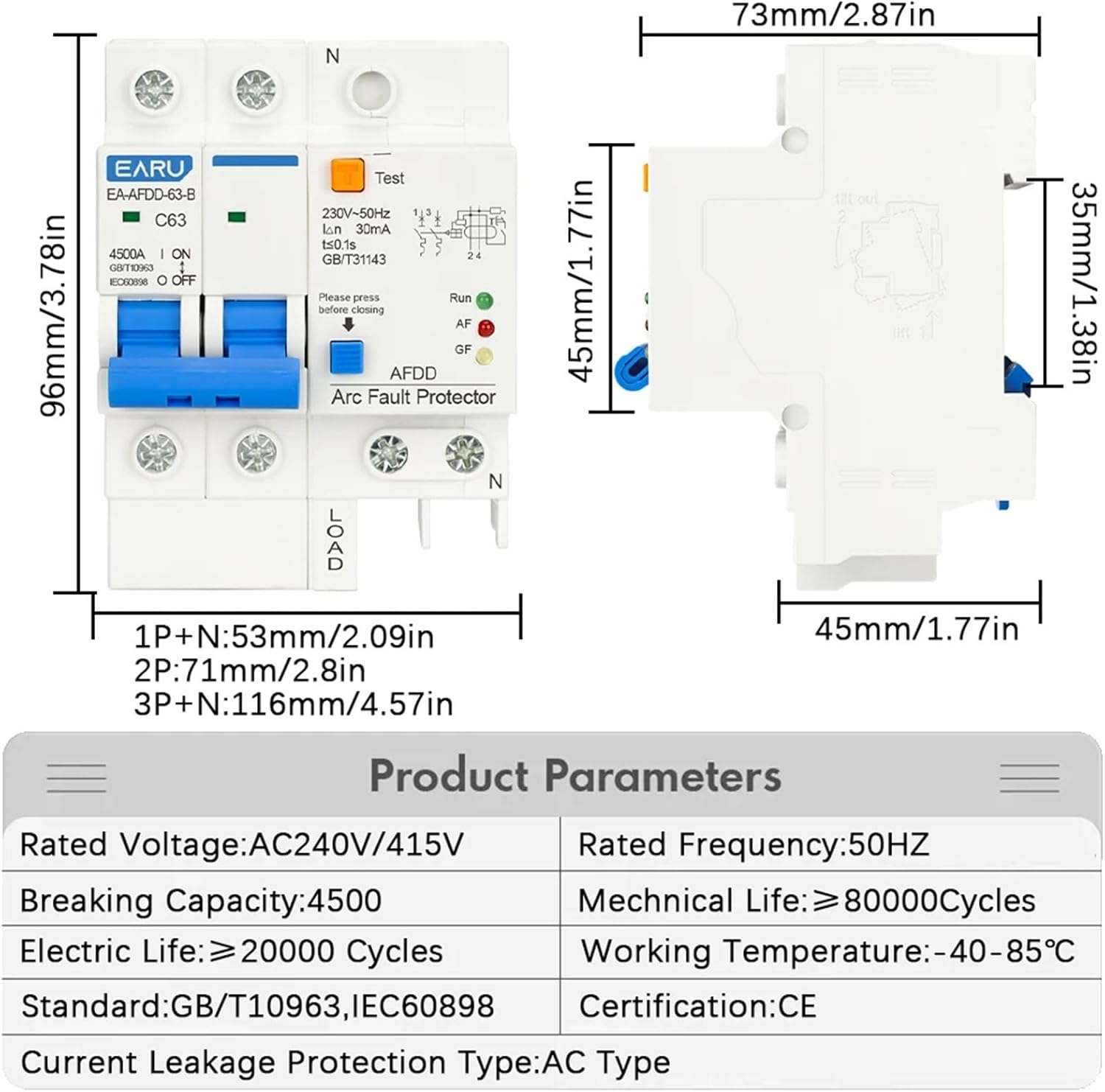Fault Arc Protector Circuit Breaker Main Switch MCB Short Circuit Overload Leakage Protection AC 230V 16A 20A 32A 63A(2P,25A)