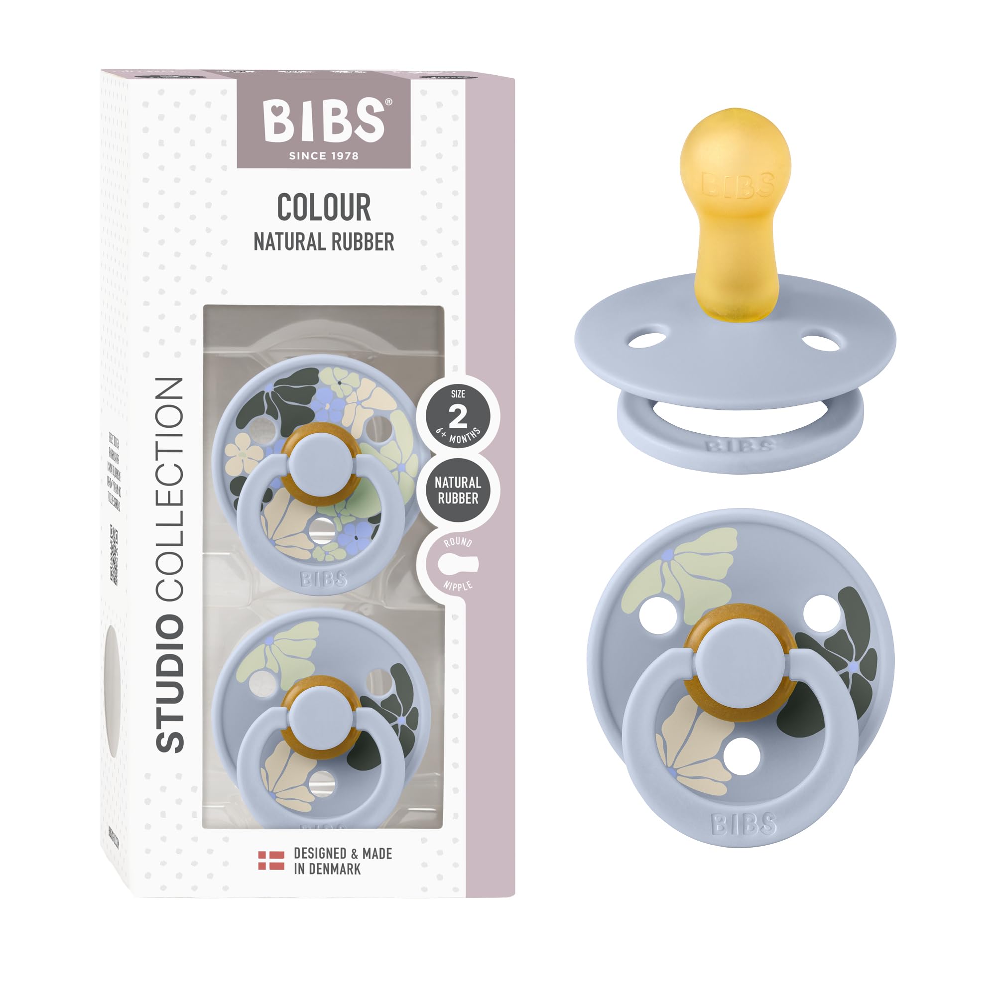 BIBS Colour Studio Soother 2-Pack, BPA Free Dummy Pacifier, Round Nipple. Natural Rubber Latex, Made in Denmark, Size 2 (6-18 Months), Violet Sky/Petal — view 53