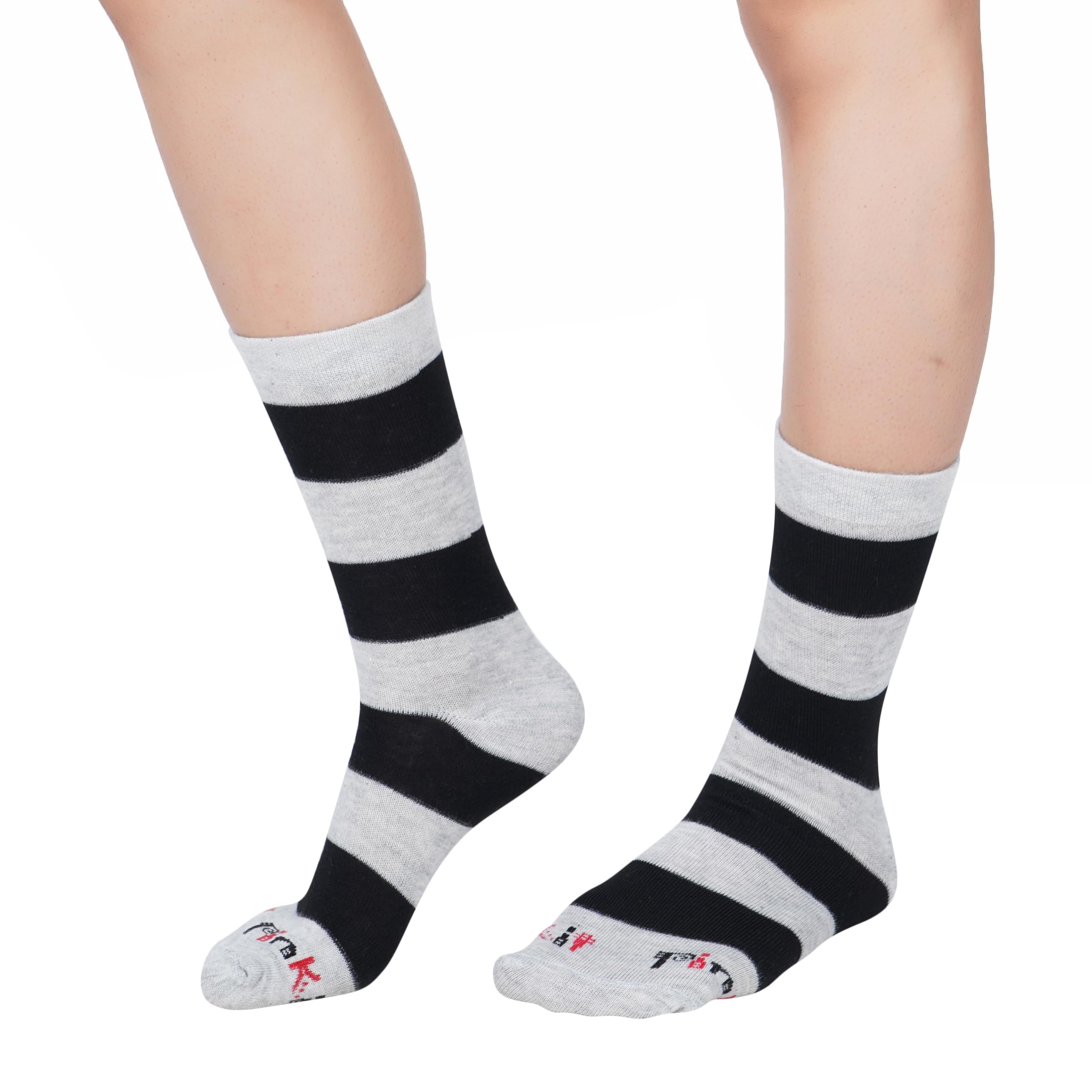 Women's Regular Cotton Blend Socks, Calf Length Strips Dual Color Socks for Ladies Free Size Ideal for Running, Cycling, Sports & Gym (1 Pair, Black & Grey)-image-20