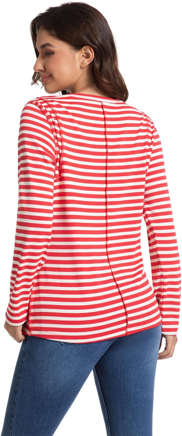FASHIONSPARK Womens Striped Long Sleeve Shirt Basic Tops Color Block Casual Pullover Tops Exposed Seam Fall Shirts - Image 3