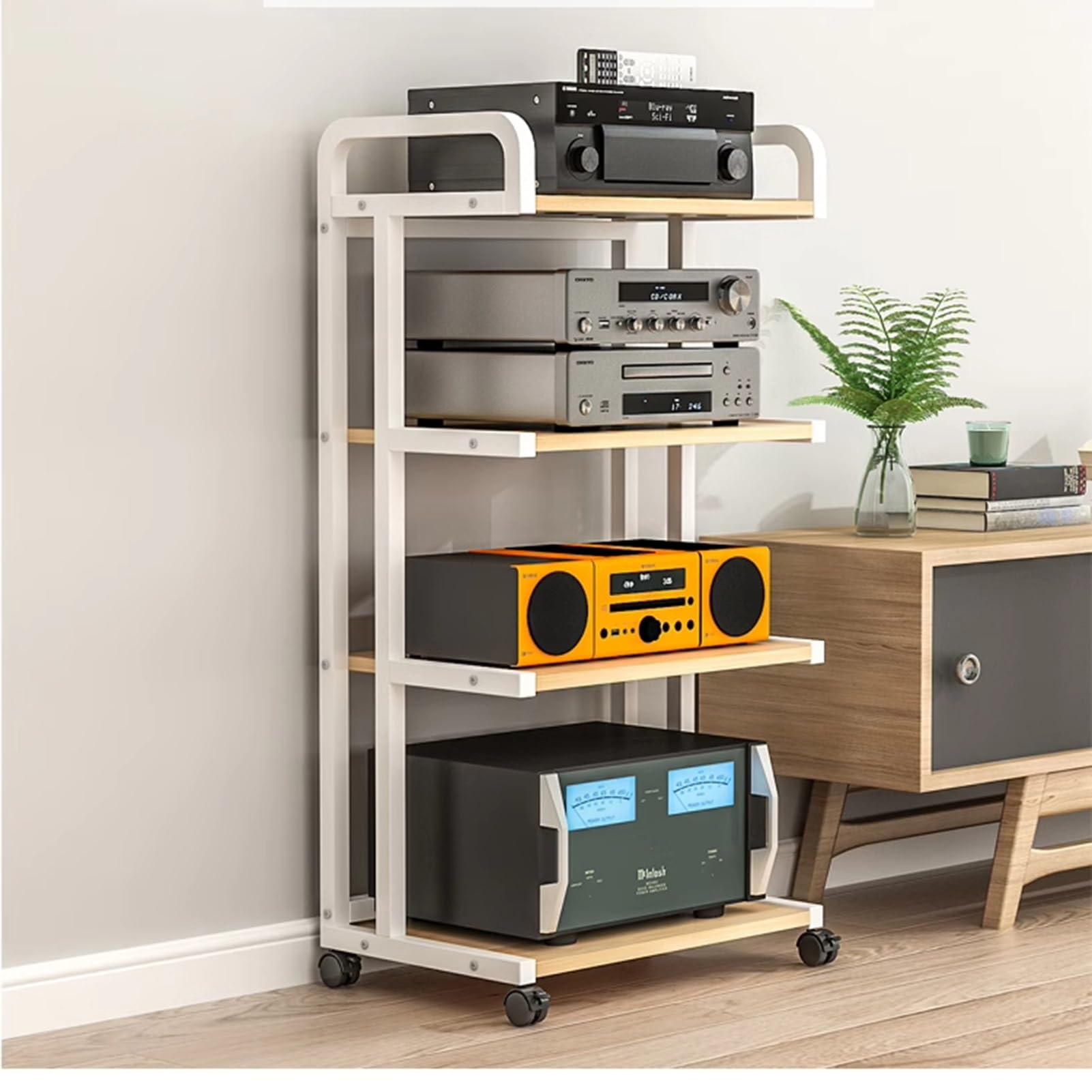 4-Poziomowa Szafka Na Sprzęt Audiowizualny, Stojak Na Odtwarzacz Stereo, Wieża Audio Do Salonu, Studia, Przechowywanie Komponentów Stereo, Biała, 50 X 40 X 111 Cm