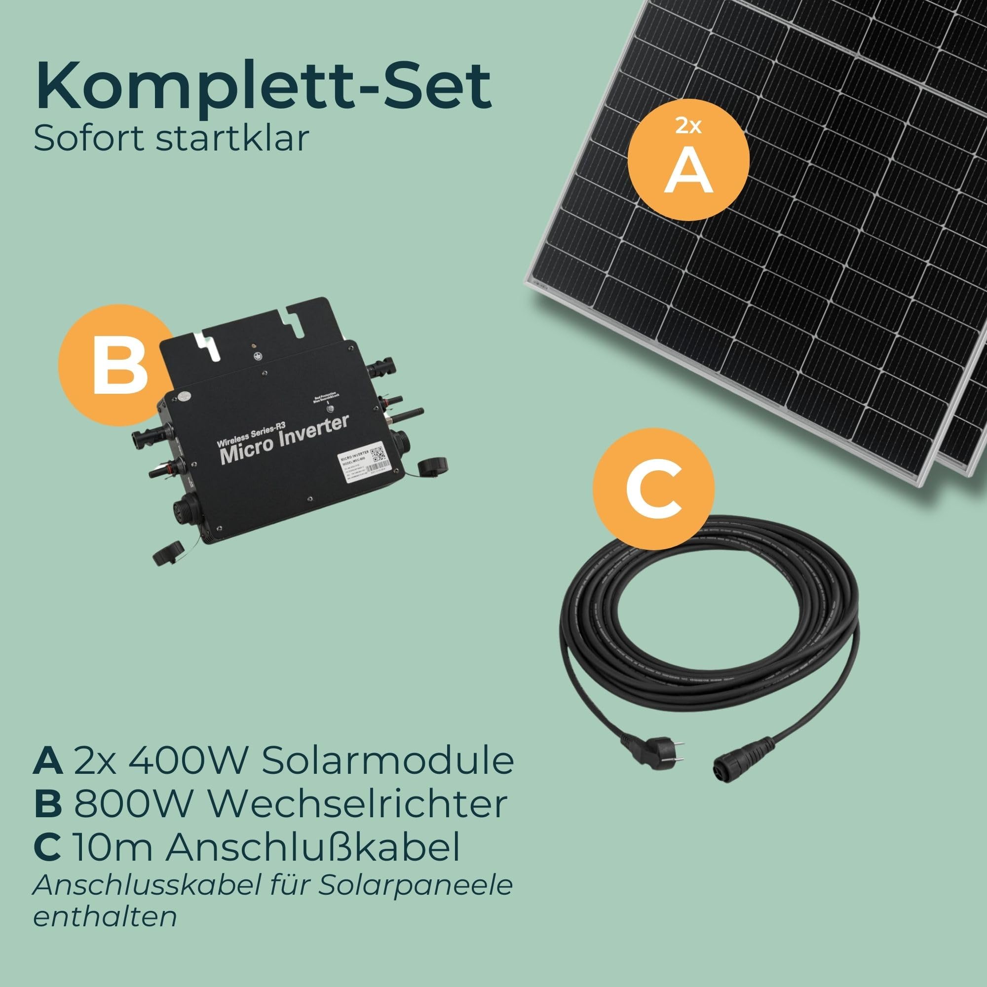 pro.tec Balkonkraftwerk Brusson 800W Solaranlage mit Wechselrichter mit App und WiFi 10m Kabel Komplettset mit 2x400W Solarmodulen Photovoltaik Plug+Play