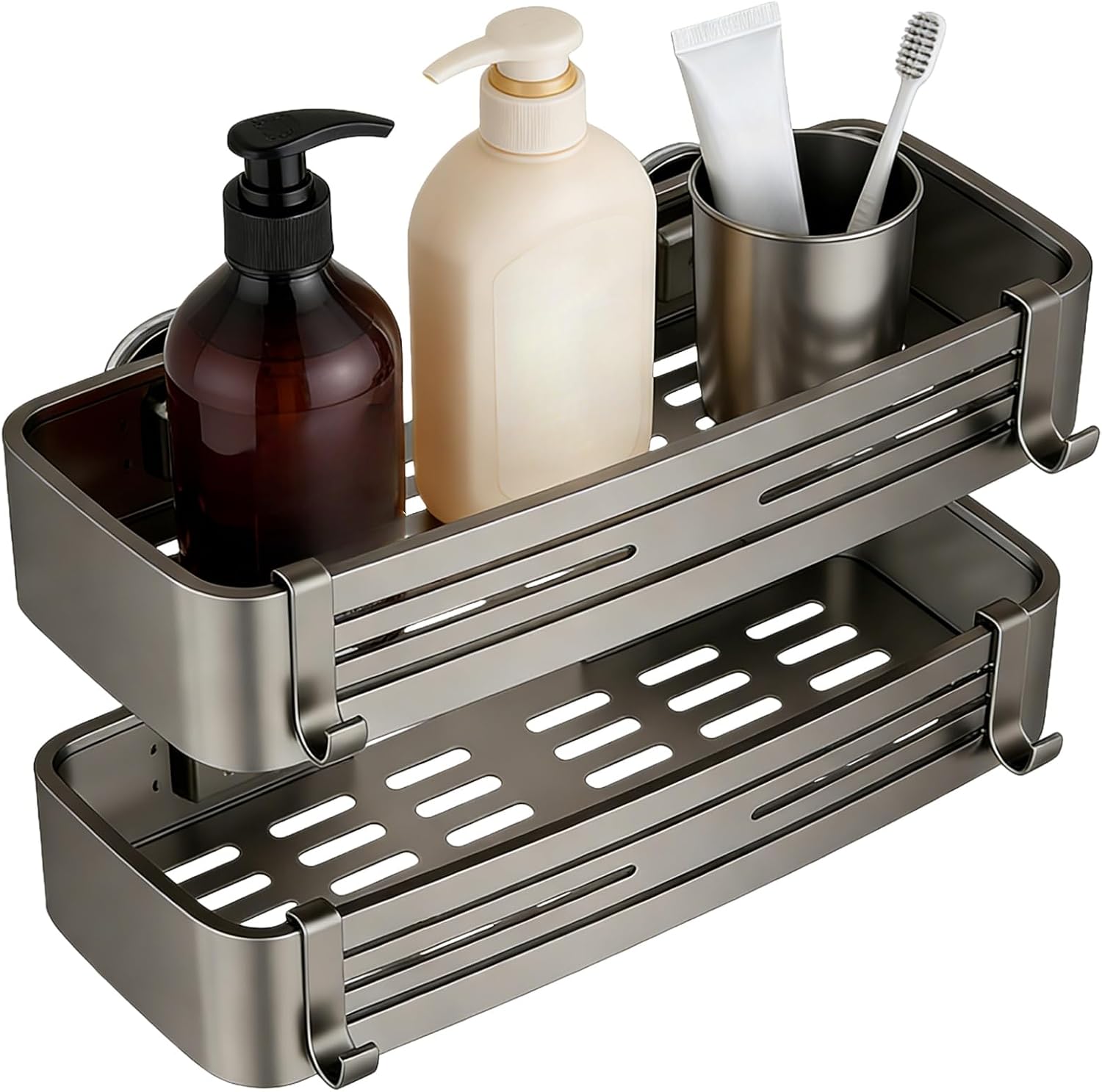 2-Tier Suction Cup Shower Caddy, Multifunctional Organizer with Strong Suction & Large Capacity, Ideal for Shower Storage & Bathroom Organizer (Gunmetal)