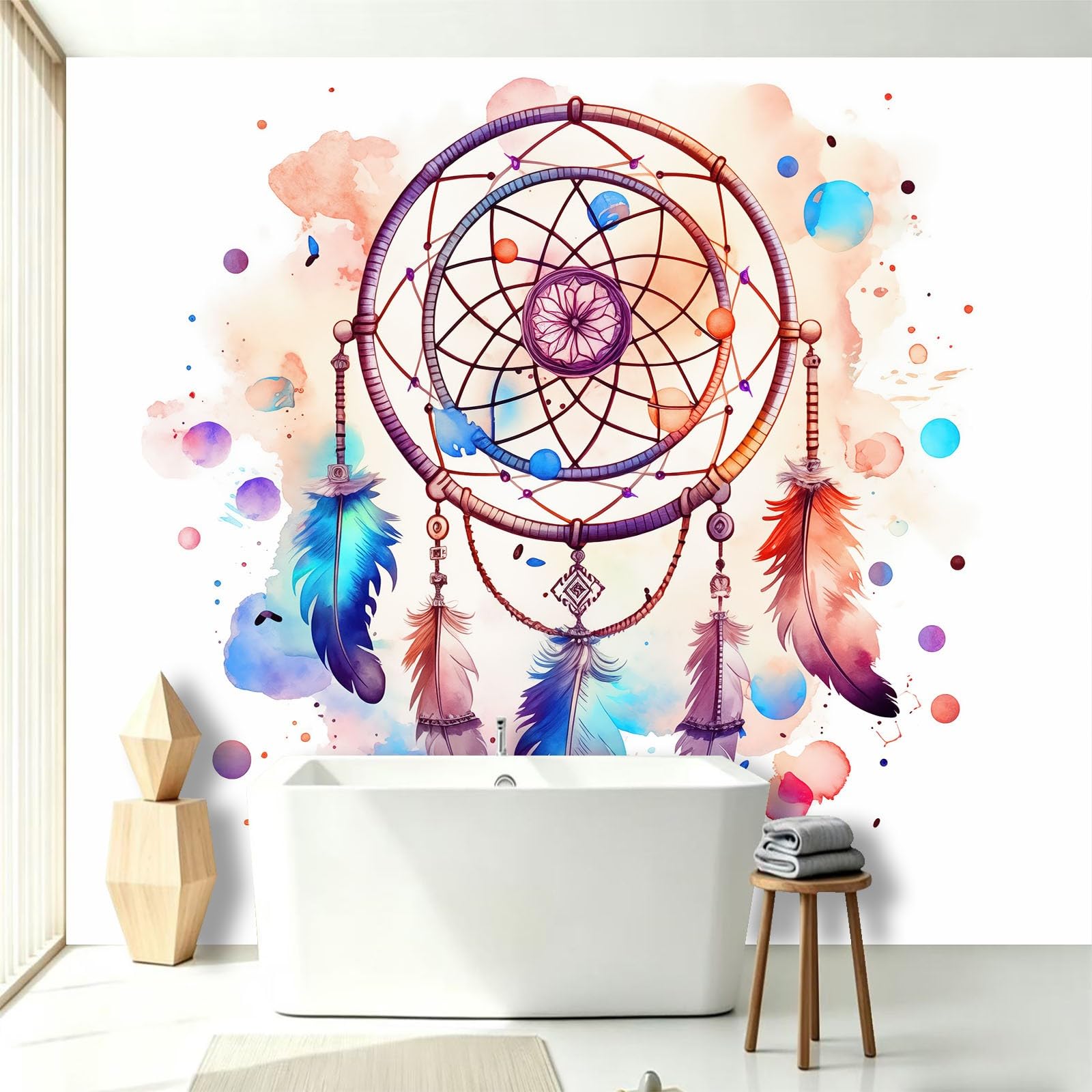 Vlies Fototapete Federn Traumfänger 300 x 210 cm, Aquarell Traumfänger Fototapeten Hochwertige Wanddekoration Wandtapete - Tapeten für Wohnzimmer Schlafzimmer Vliestapete Wandbild - exkl. Kleister