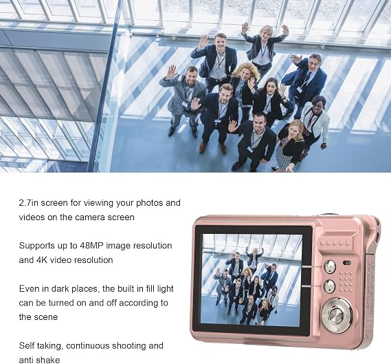 Digital Cameras for Photography 4K 48MP Vlogging Camera Camera with 2.7 Inch LCD Display 8x Zoom Anti Shake Continuous Shooting for Adults Seniors Beginners (Pink)