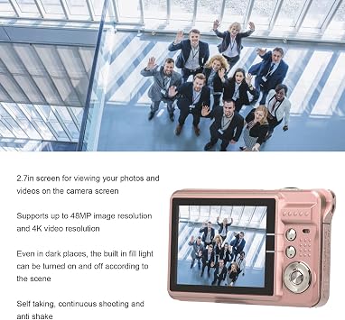 Digital Cameras for Photography 4K 48MP Vlogging Camera Camera with 2.7 Inch LCD Display 8x Zoom Anti Shake Continuous Shooting for Adults Seniors Beginners (Pink)