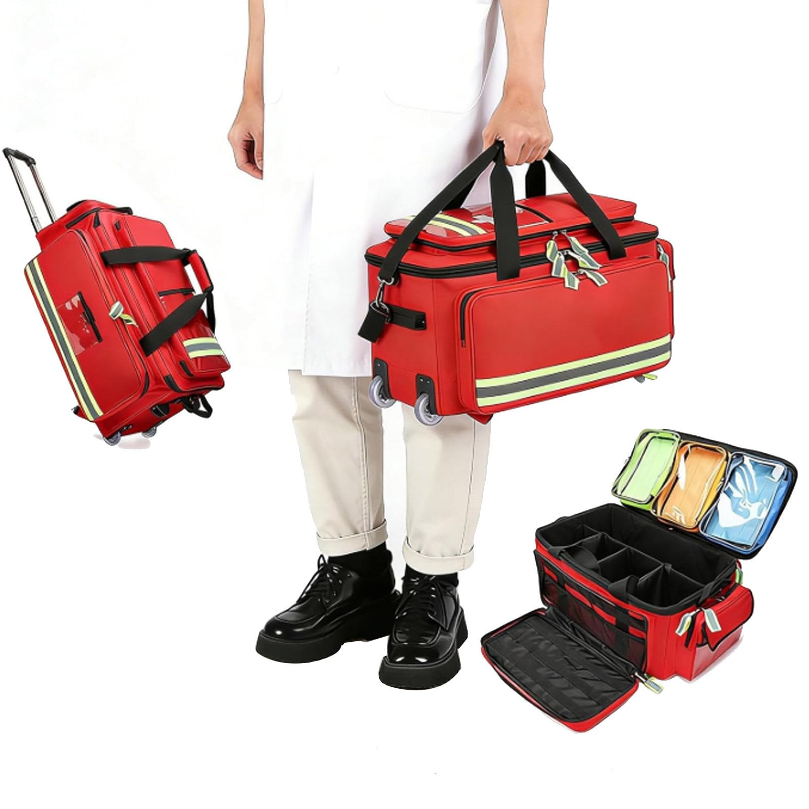 Borsa per kit di primo soccorso e attrezzature mediche con trolley rimovibile; borsa con ruote per infermieri e kit di emergenza, ideale per escursionismo, backpacking, campeggio e viaggi Red-66cm