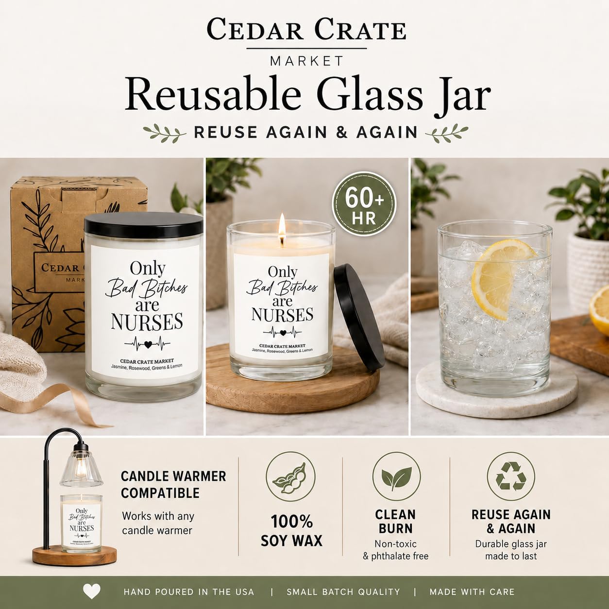 Nurse Gifts for Women - Only Bad B's are Nurses Candle, Funny Graduation Gift, Nursing Student & Nursing School Present, RN LPN CNA Presents, Jasmine Rosewood Greens Lemon Soy Candle