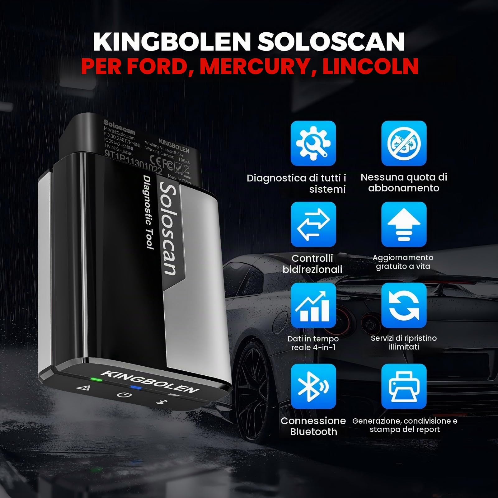 KINGBOLEN Soloscan OBD2 Auto Diagnostica per Ford/Mazda/Lincoln, Bluetooth Diagnosi Auto Professionale in Italiano, per Sistema Completo, 50+ Servizi, Aggiornamento a Vita