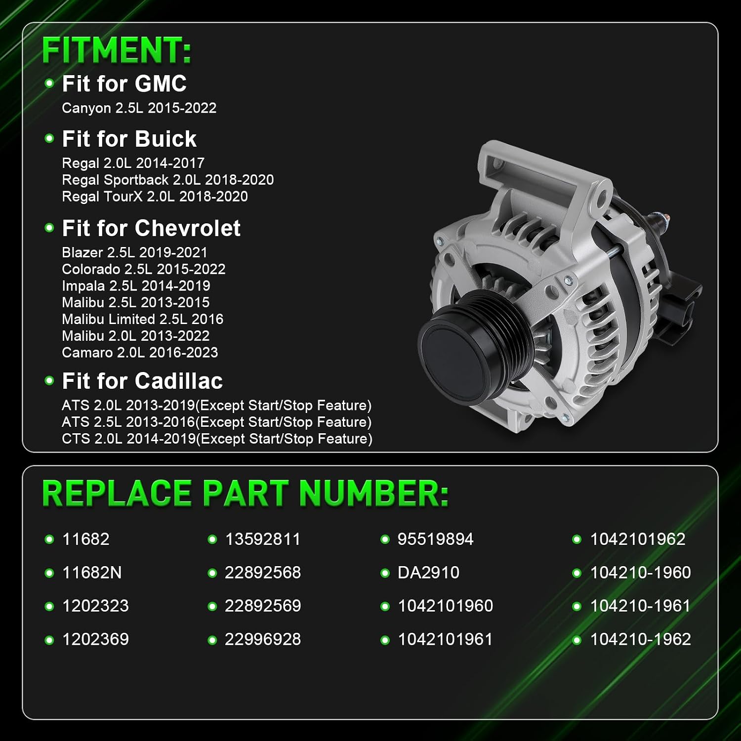 13592811 Alternator Fit for Buick Regal 2014-2020 for GMC Canyon 2015-2022 for Chevrolet Blazer 2019-2021 for Cadillac ATS 2013-2019 CTS 14-19(Except Start/Stop Feature) 12V 150A 5 Grooves