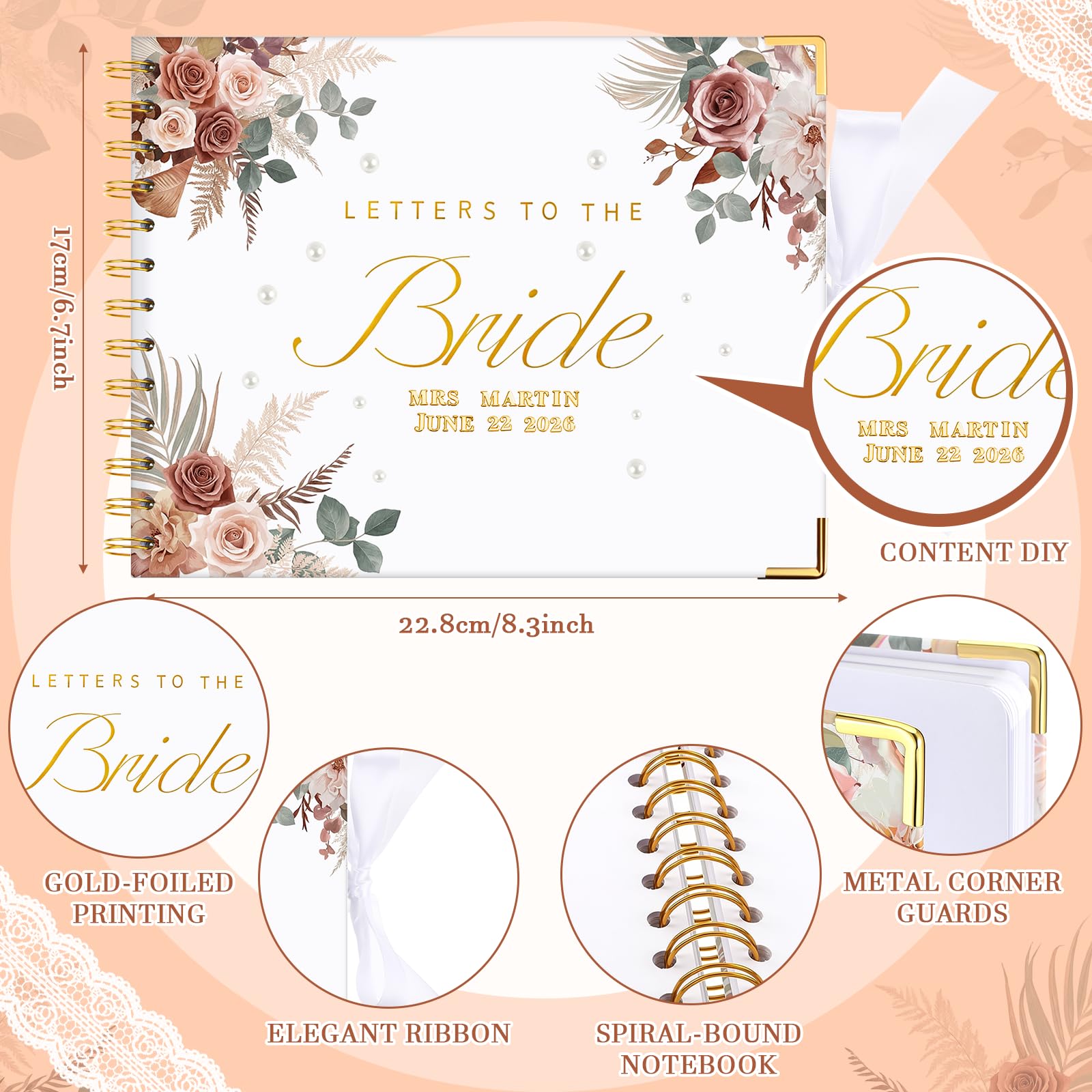 Livre d'or de mariage Lettres à la mariée Scrapbooking Livre de souvenirs de mariage Papier vierge Scrapbooking Album photo Invité avec autocollants nacrés (21,6 x 17,8 cm, vintage, marron)