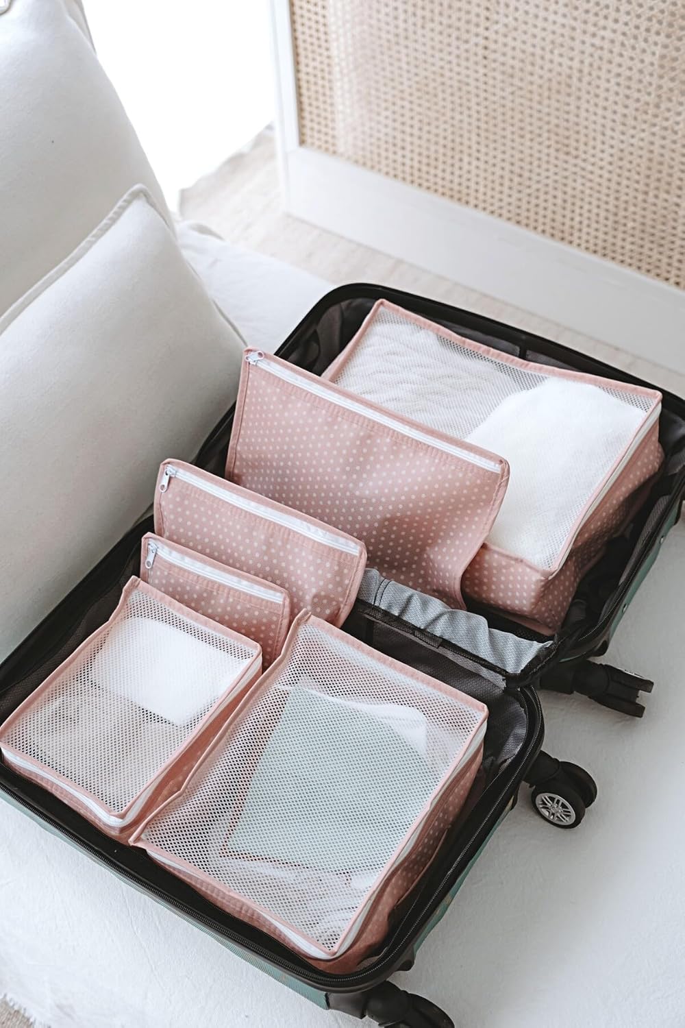 6 Piece Mom and Hospital Going Home Outfit Set | Pink Polka Dot | Textile Shoulder Bag - Pink Polka Dot