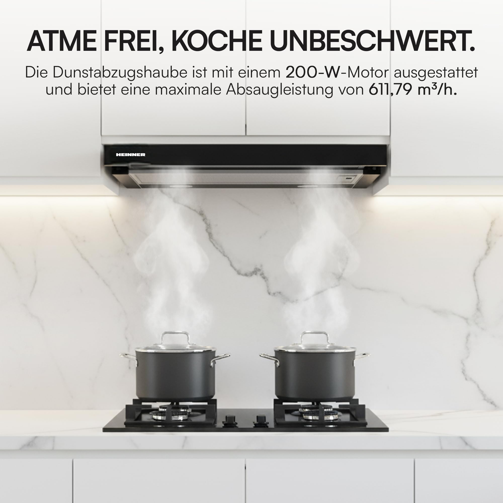 HTCH-F660GBK Einbauherd 60 cm Küchenabzugshaube 611,7 m³/h Absaugleistung LED-Beleuchtung Edelstahl-Finish
