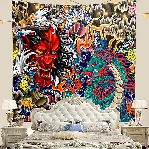 Miniatura 5 de Aidatain Tapiz de dragón japonés Oni para colgar en la pared, tapiz estético de anime para hombres, dormitorio, sala de estar, tela de franela, 60