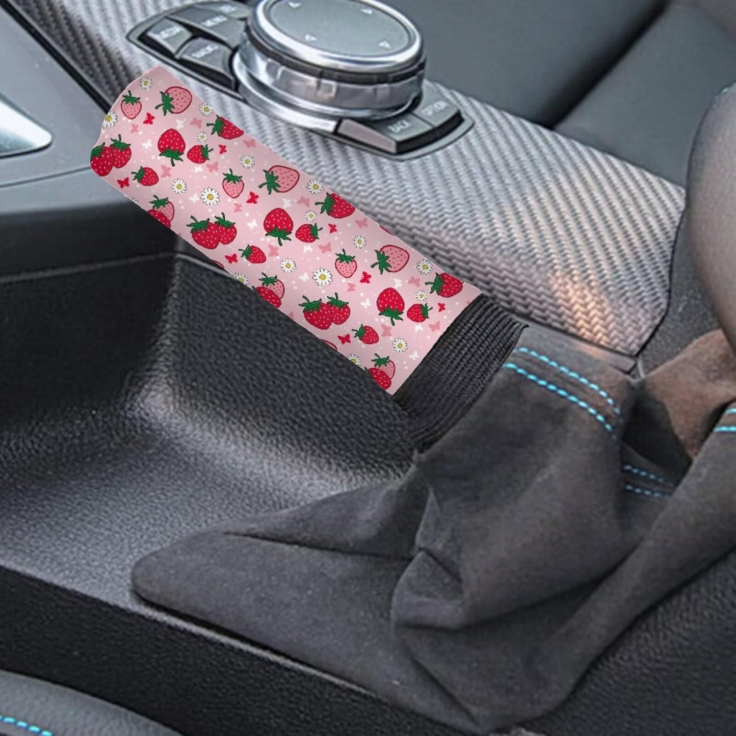 Horeset Pink Strawberry Car Handbrake Gear Shifter Cover Anti Slip Comfortable Vehicle Hand Brake Lever Protector Silicone Automatic Gear Shift Knob Cover Universal for Most Cars