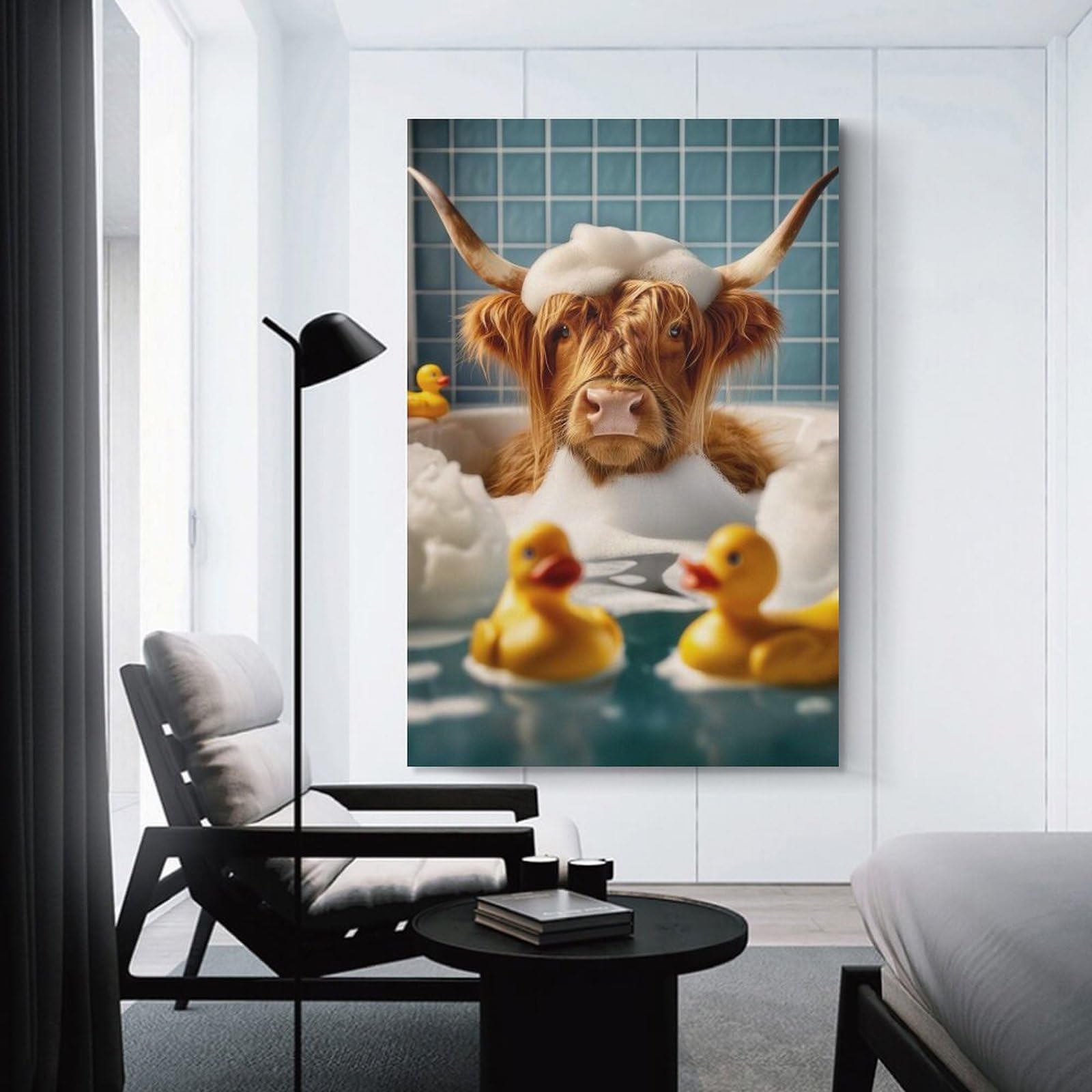 Junmoney Highland Cow in The Bath Room Decor Wall Art, 24x36inch(60x90cm), for Feature Walls in Flats Or Modern Rooms, Wall Decor Suited to Curated Displays