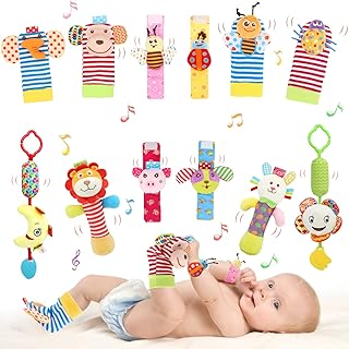 Bloobloomax Wrist Rattles Foot Finder Rattle Sock Baby Toddlor Toy,Rattle Toy,Arm Hand Bracelet Rattle,Feet Leg Ankle Socks, Present Gift for Newborn Infant Babies Boy Girl Bebe (4 Bugs) (12 pcs-H)