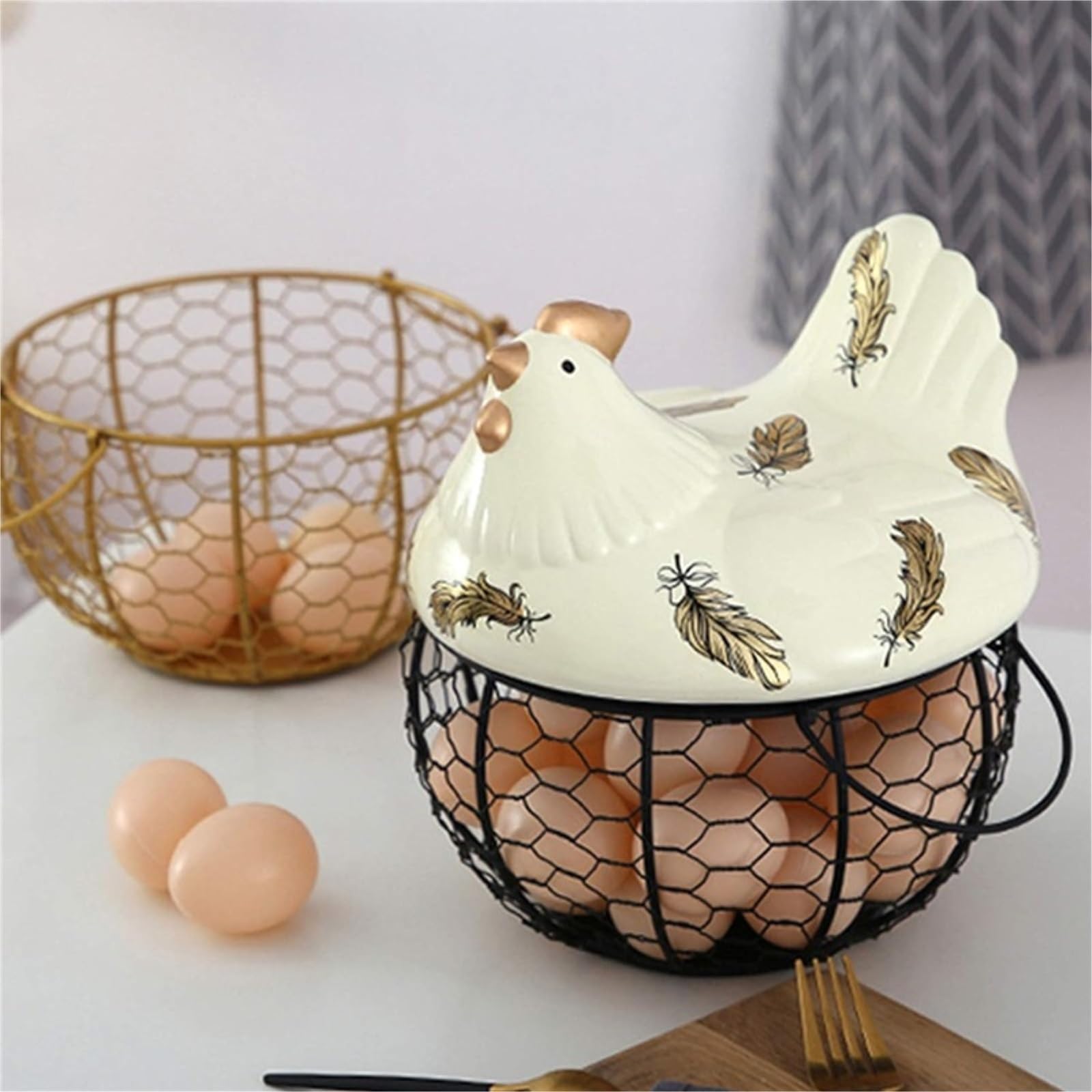 koszyczki na jajka z drutu, Kosz do przechowywania jajek z drutu metalowego z ceramicznym blatem do kuchni, 19,5 x 22 cm, wielokolorowy(A)